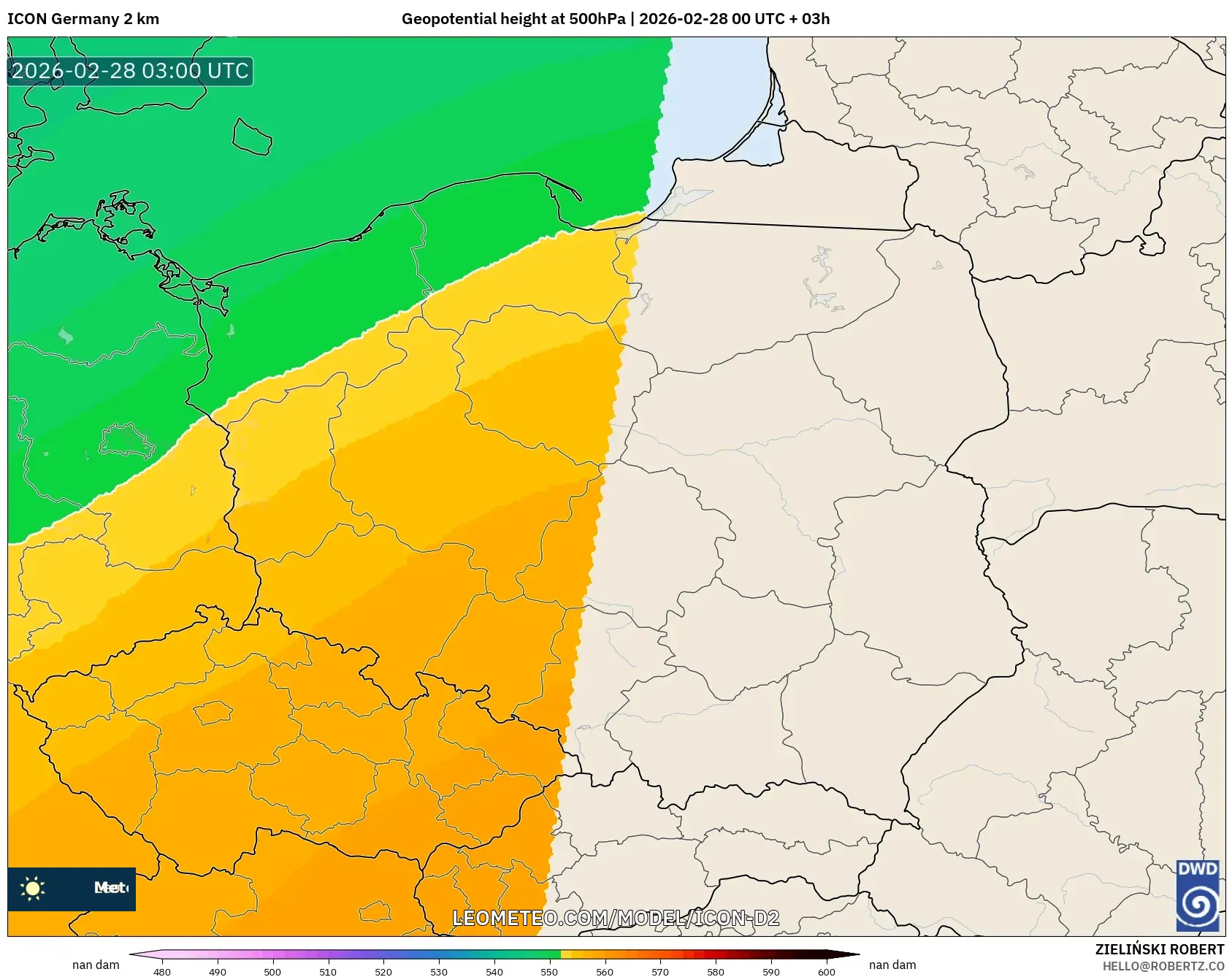 ICON Alemania 2 km model - Polonia, Altura geopotencial a 500 hPa