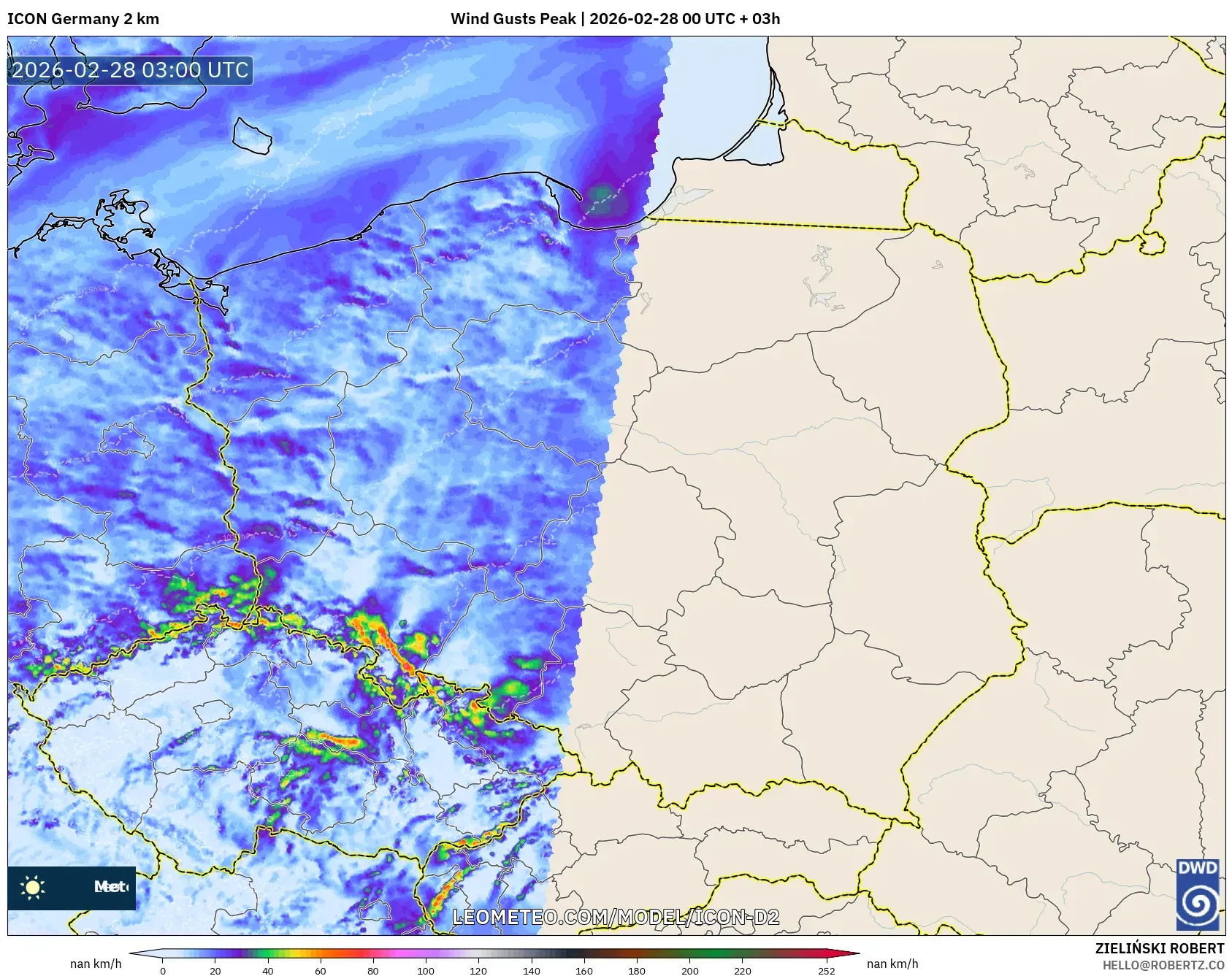 ICON Alemania 2 km model - Polonia, Ráfagas de Viento Máximas
