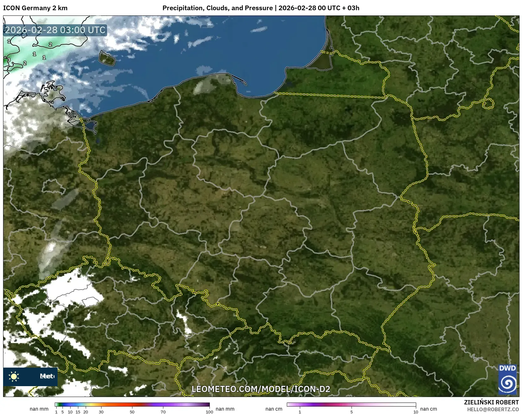 ICON Alemania 2 km model - Polonia, Precipitación, nubes y presión