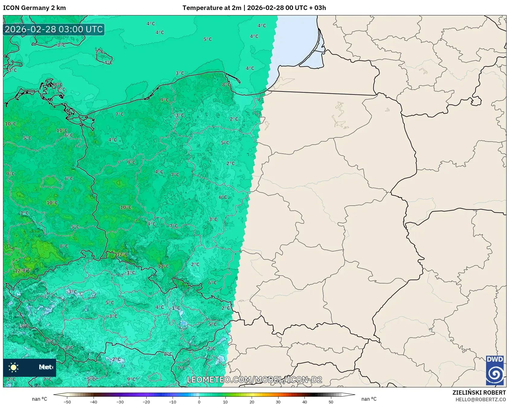 ICON Alemania 2 km model - Polonia, Temperatura a 2 m