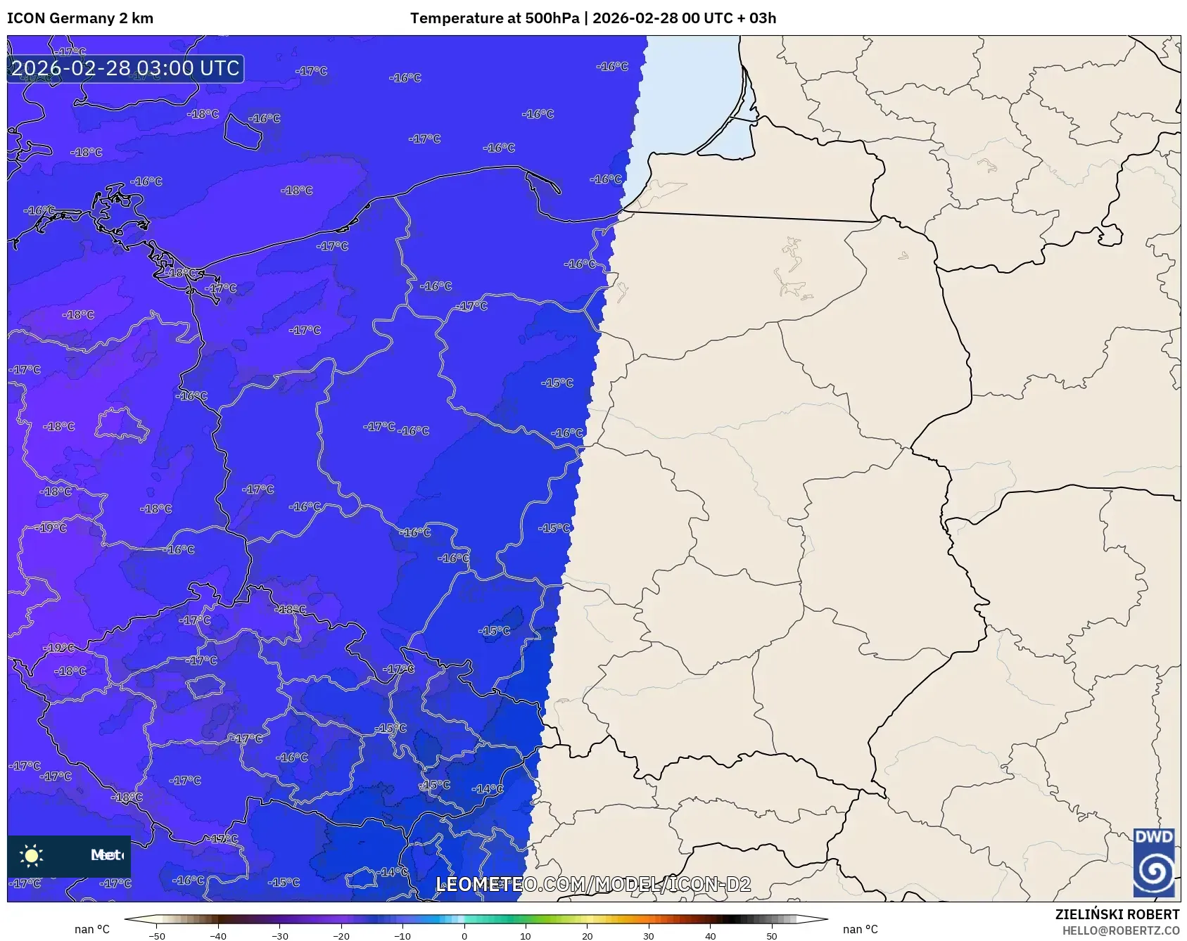ICON Alemania 2 km model - Polonia, Temperatura a 500 hPa