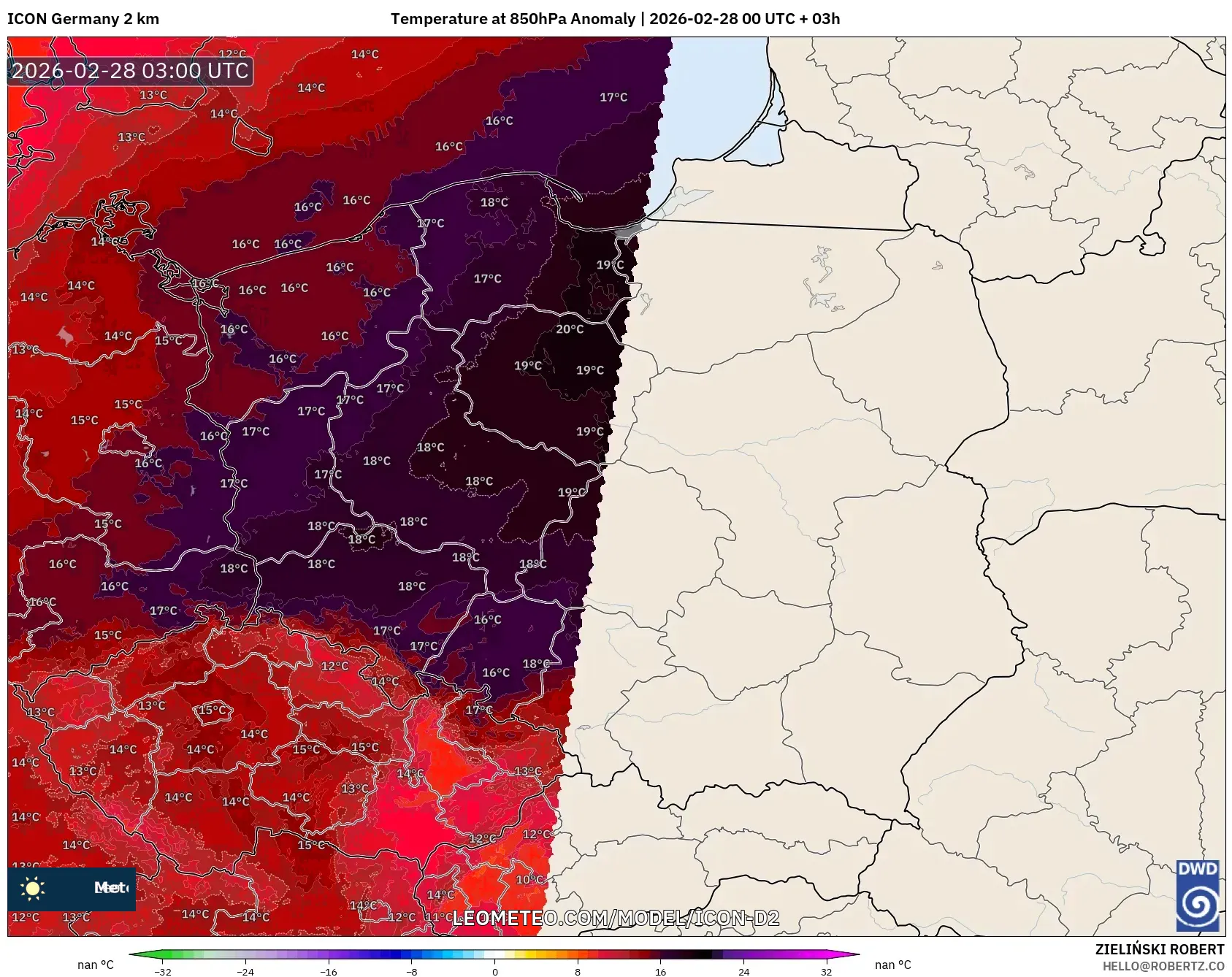 ICON Alemania 2 km model - Polonia, Anomalía de temperatura a 850 hPa