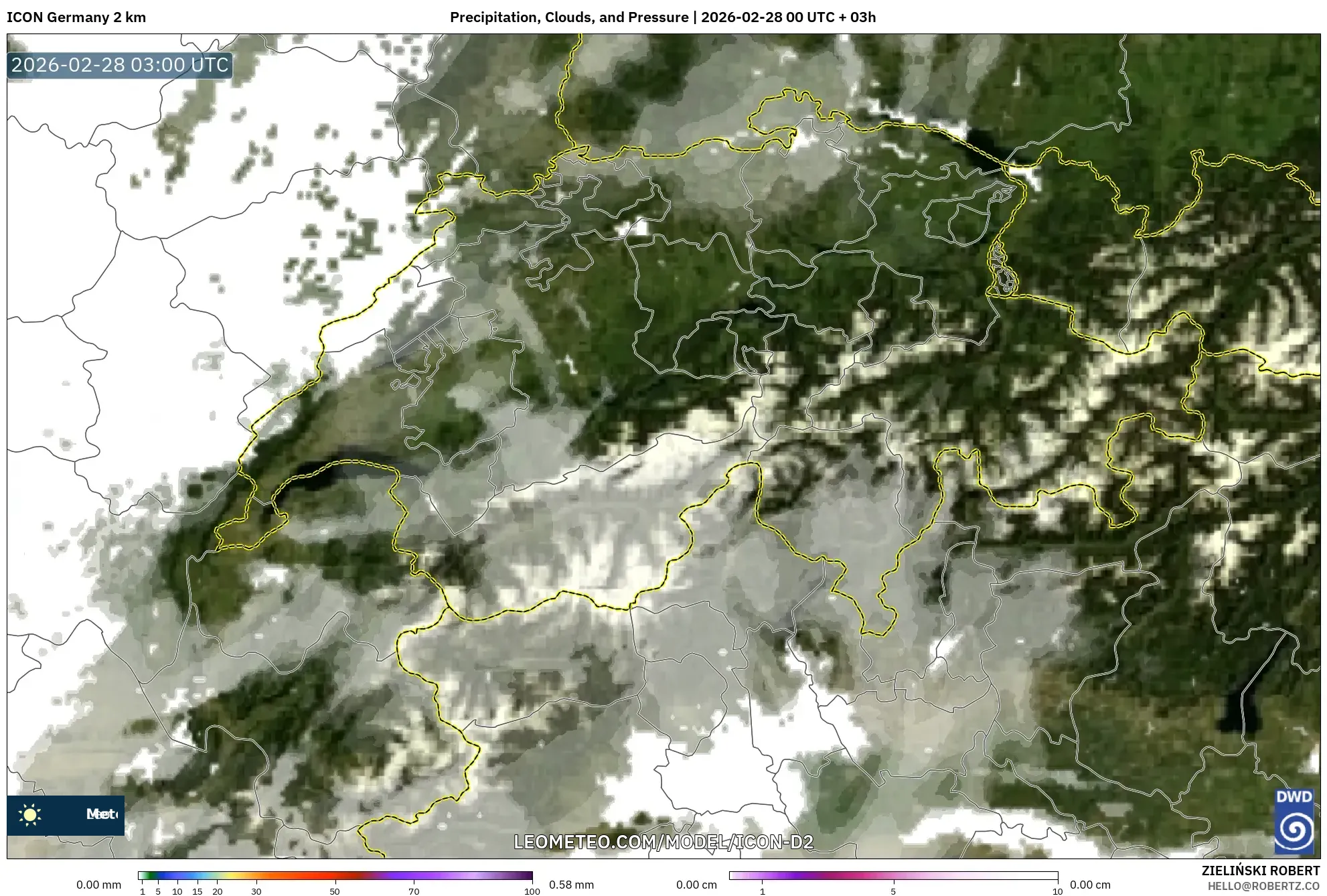 ICON Alemania 2 km model - Suiza, Precipitación, nubes y presión