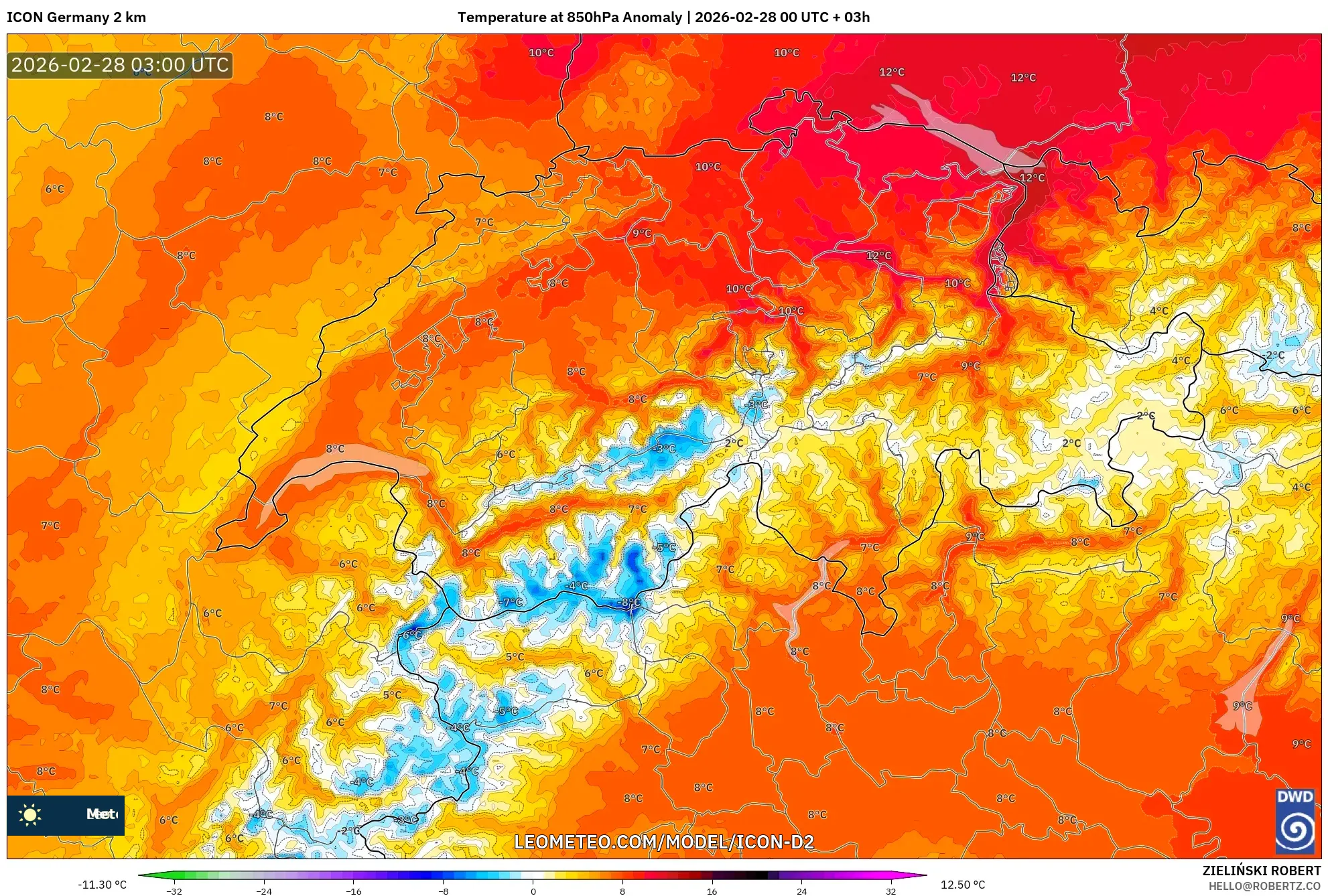 ICON Alemania 2 km model - Suiza, Anomalía de temperatura a 850 hPa