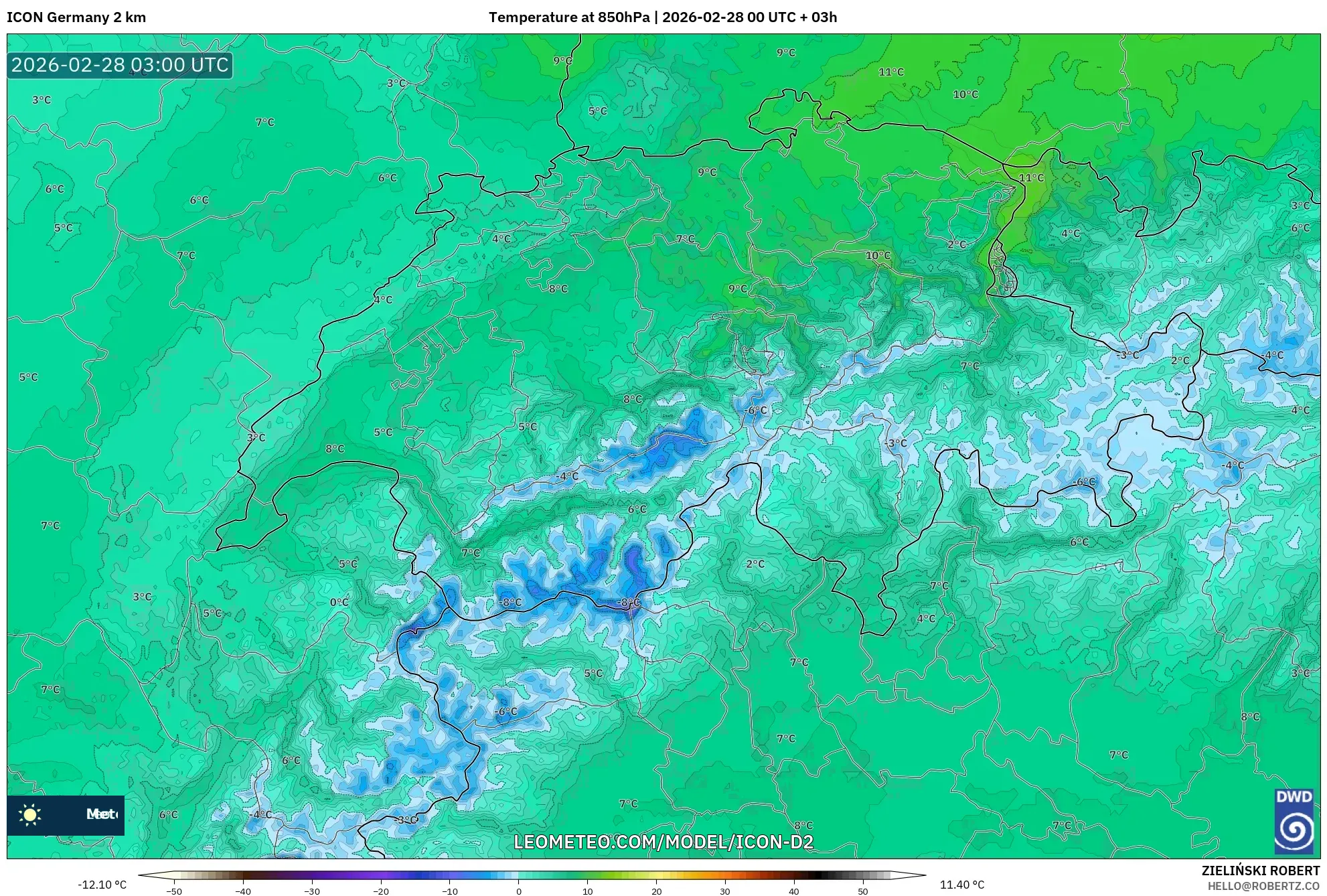 ICON Alemania 2 km model - Suiza, Temperatura a 850 hPa