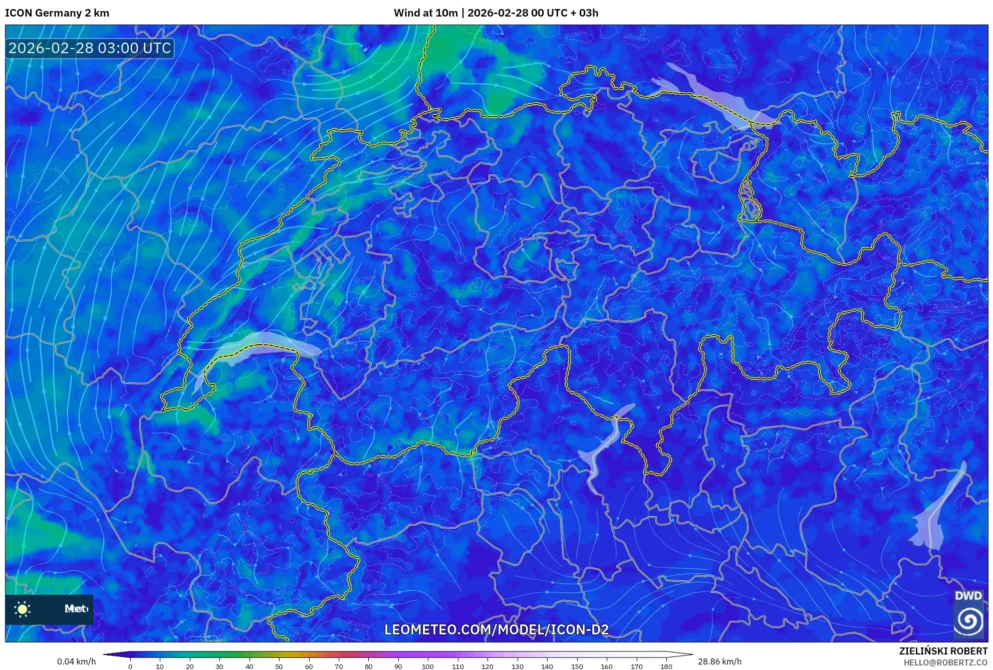 ICON Alemania 2 km model - Suiza, Viento a 10 m