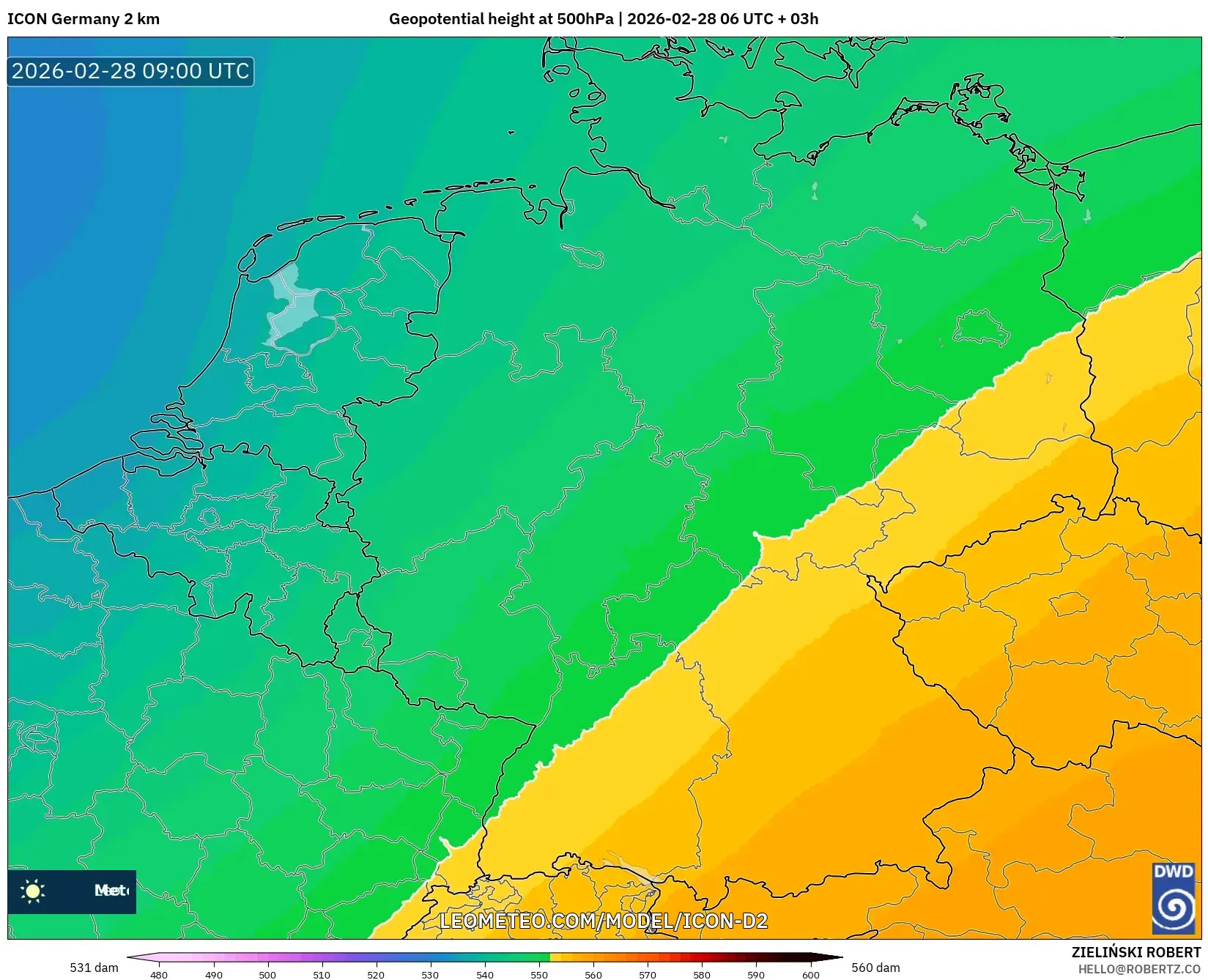 ICON Alemania 2 km model - Alemania, Altura geopotencial a 500 hPa