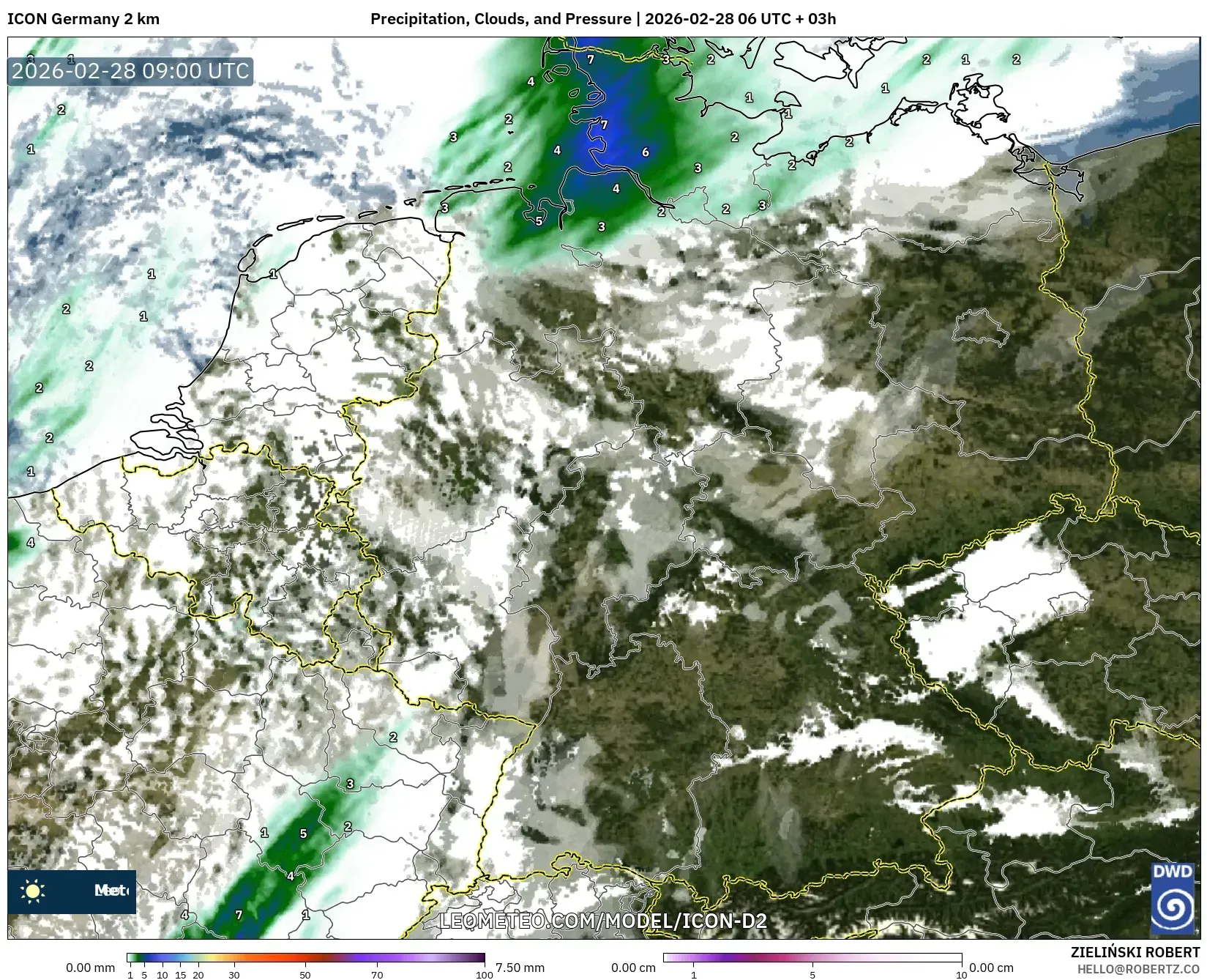 ICON Alemania 2 km model - Alemania, Precipitación, nubes y presión