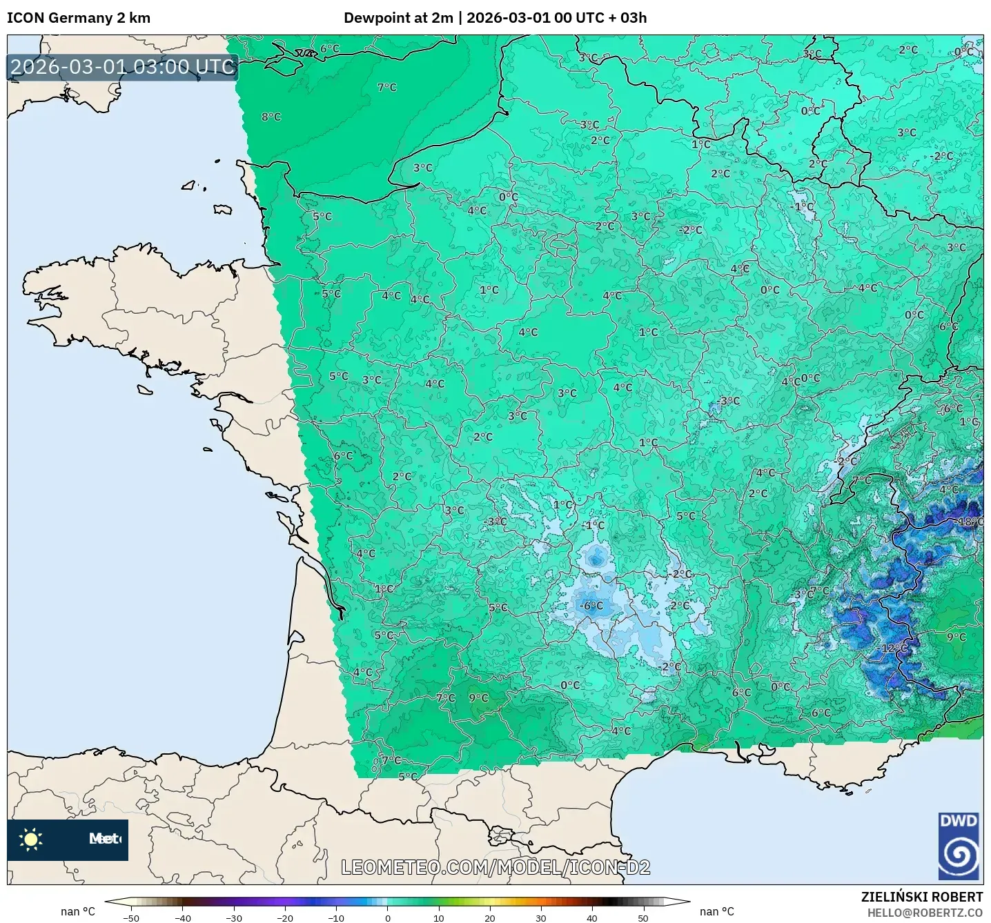 ICON Alemania 2 km model - Francia, Punto de rocío a 2 m