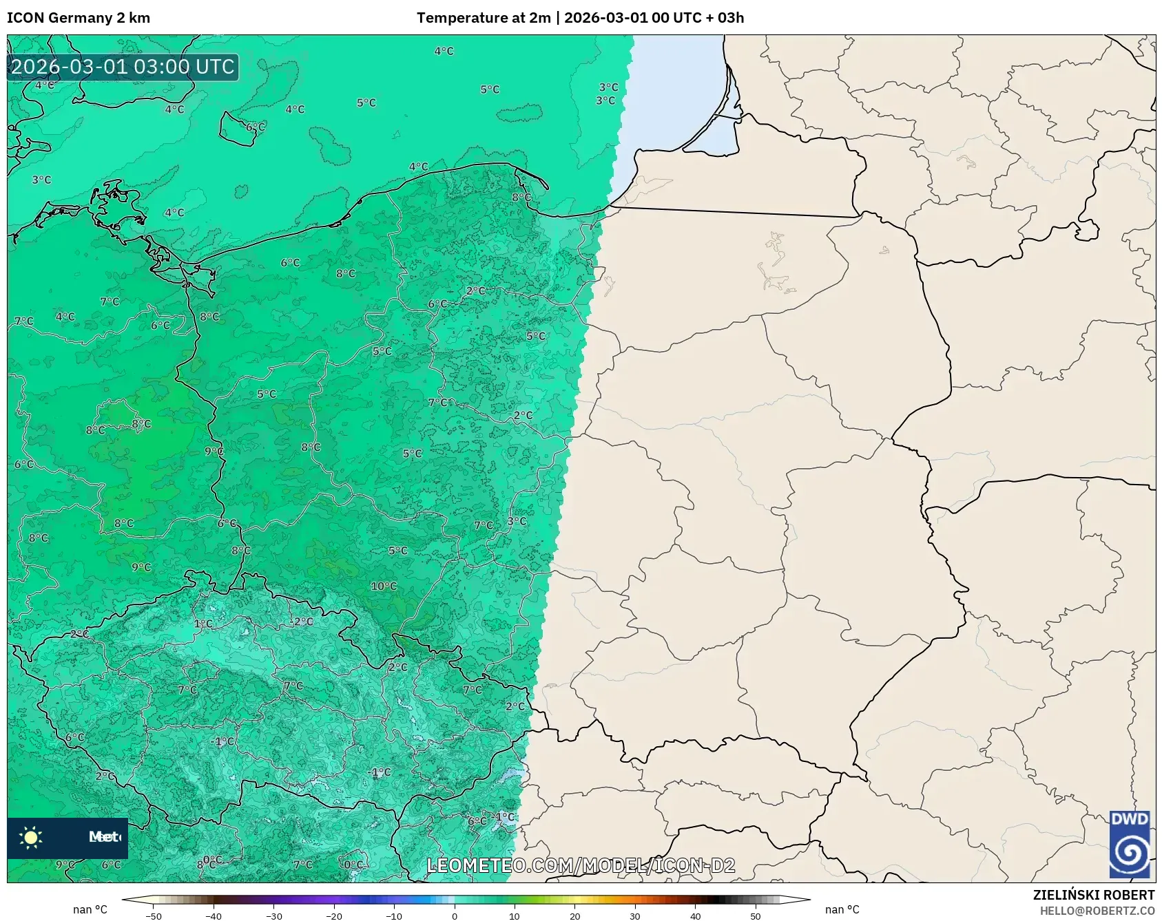 ICON Alemania 2 km model - Polonia, Temperatura a 2 m