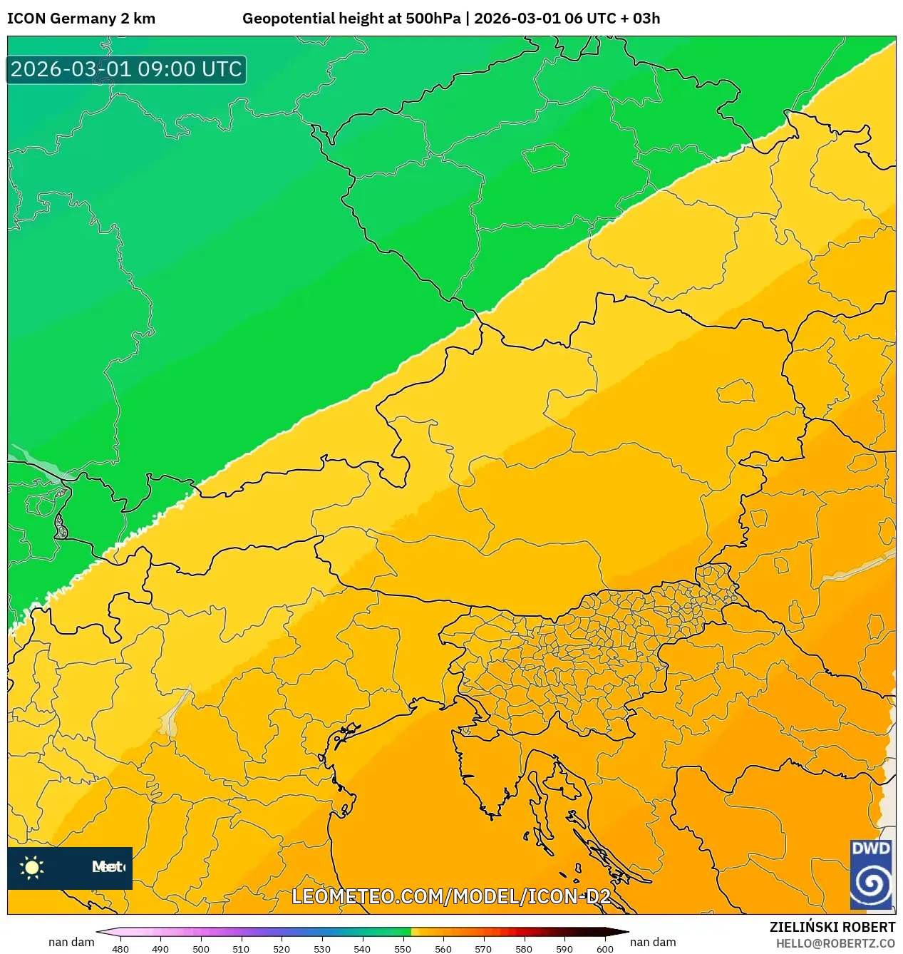 ICON Alemania 2 km model - Austria, Altura geopotencial a 500 hPa