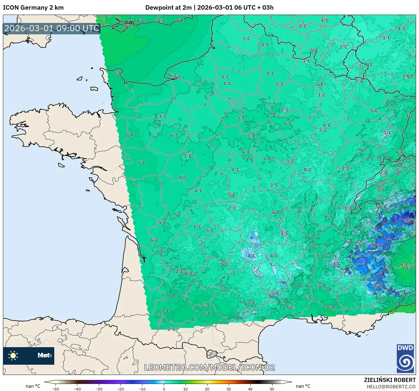 ICON Alemania 2 km model - Francia, Punto de rocío a 2 m