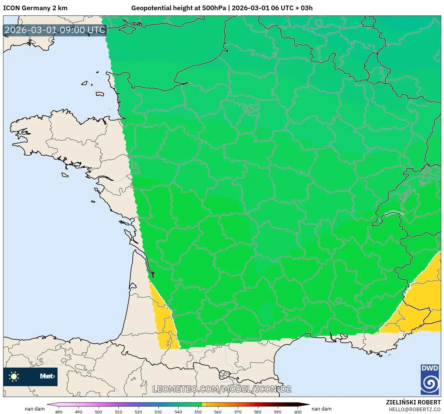 ICON Alemania 2 km model - Francia, Altura geopotencial a 500 hPa