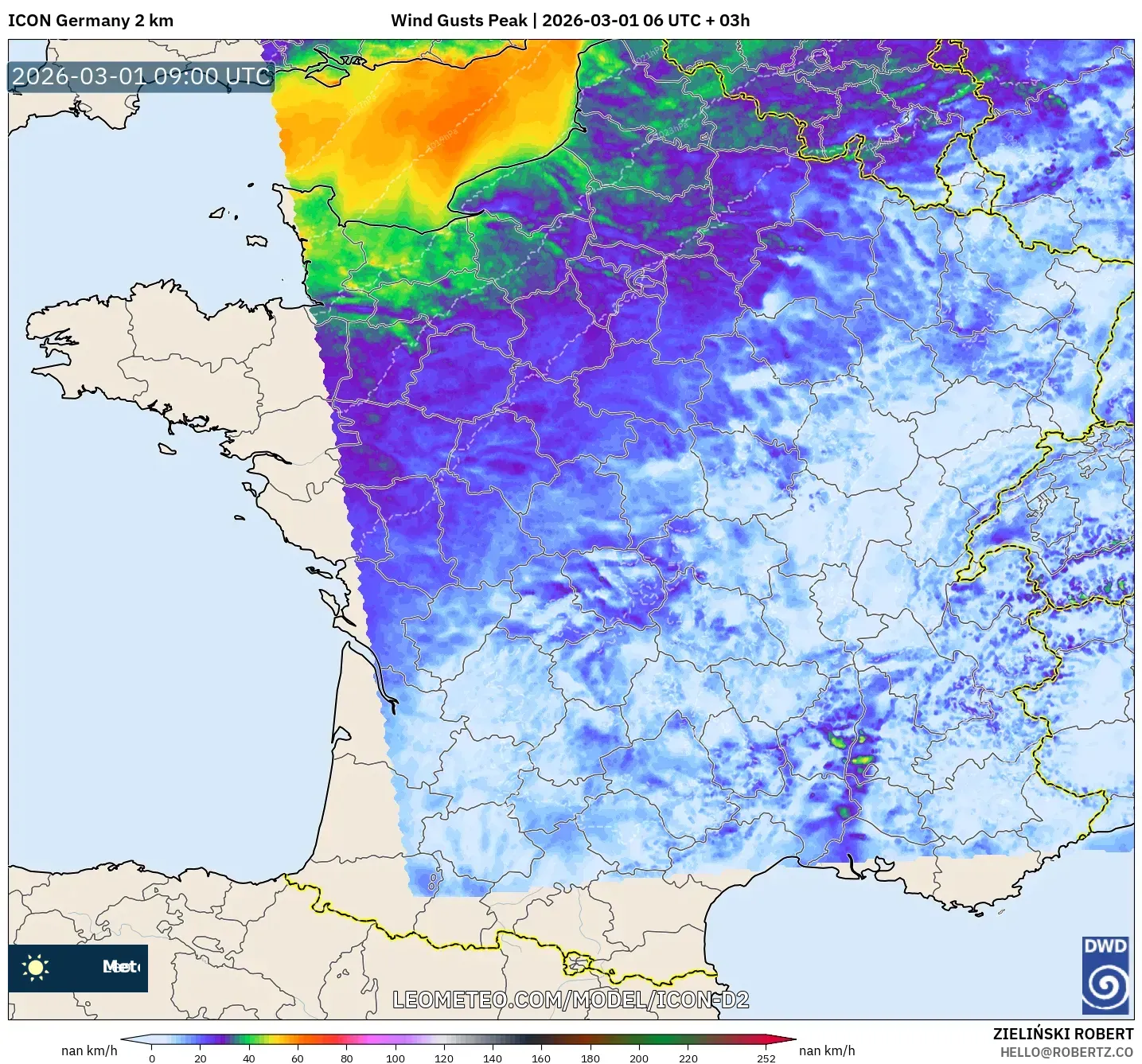 ICON Alemania 2 km model - Francia, Ráfagas de Viento Máximas
