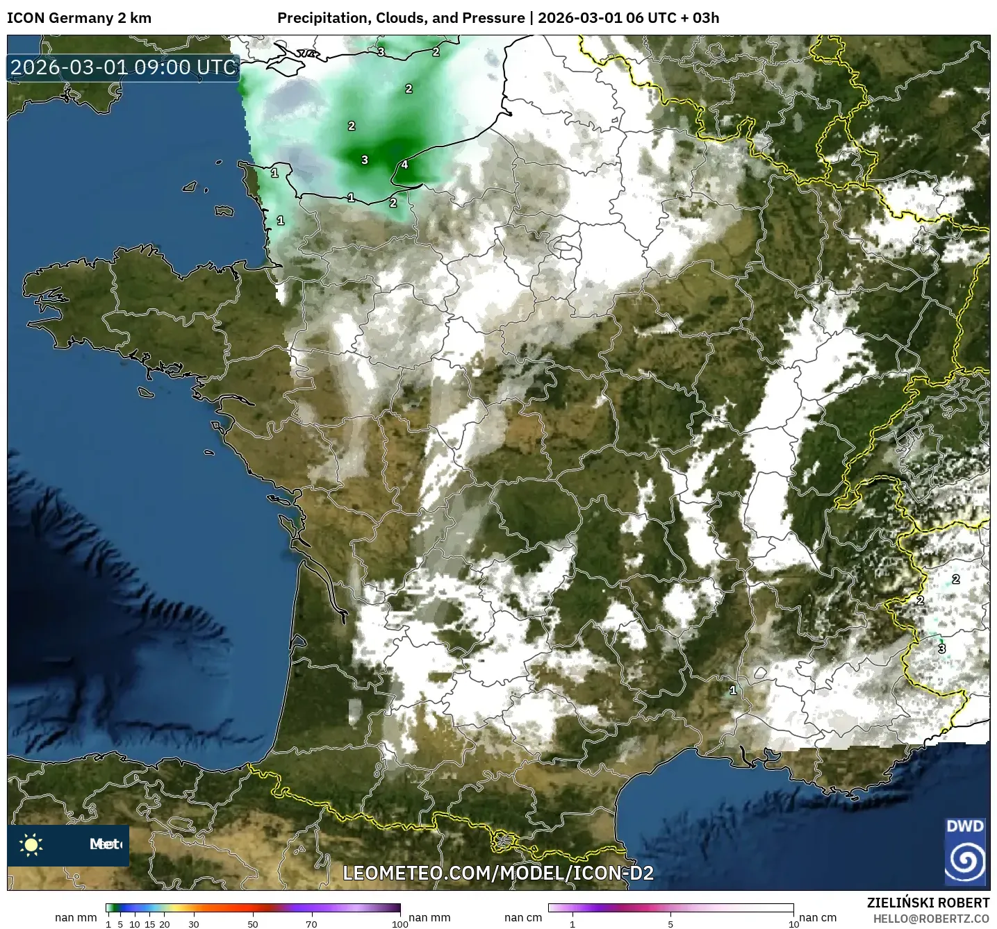 ICON Alemania 2 km model - Francia, Precipitación, nubes y presión