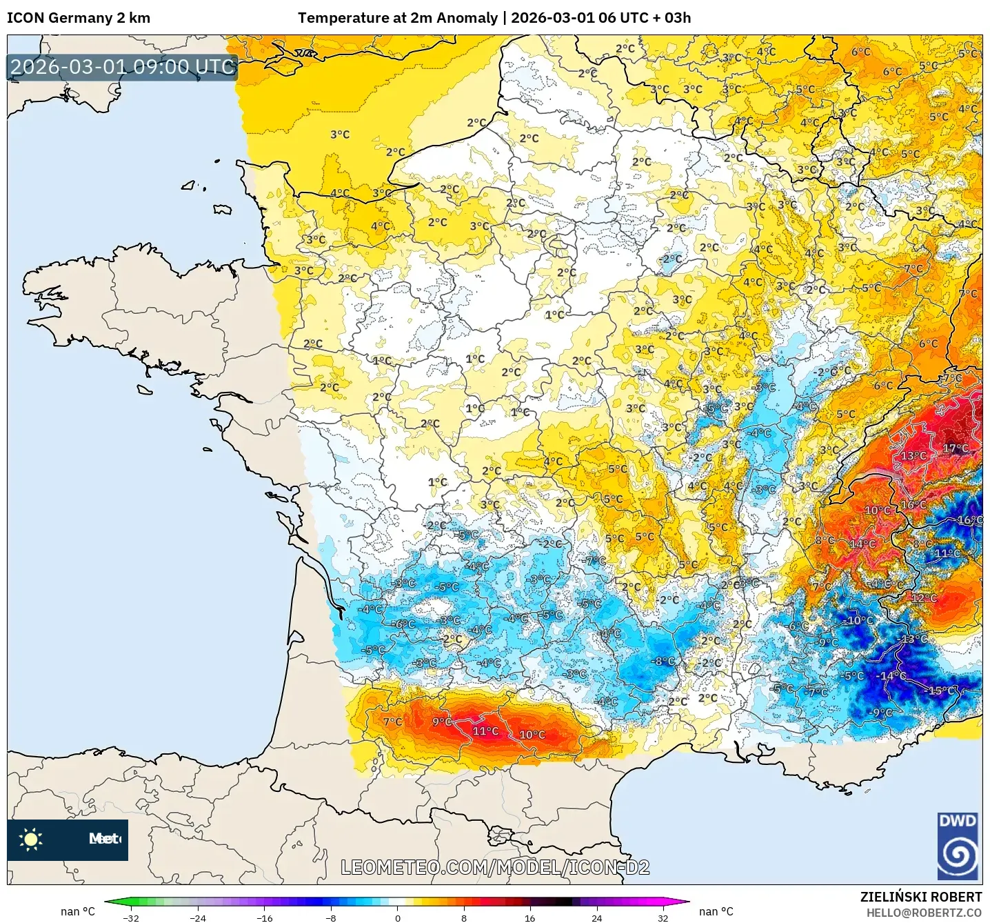 ICON Alemania 2 km model - Francia, Anomalía de temperatura a 2 m