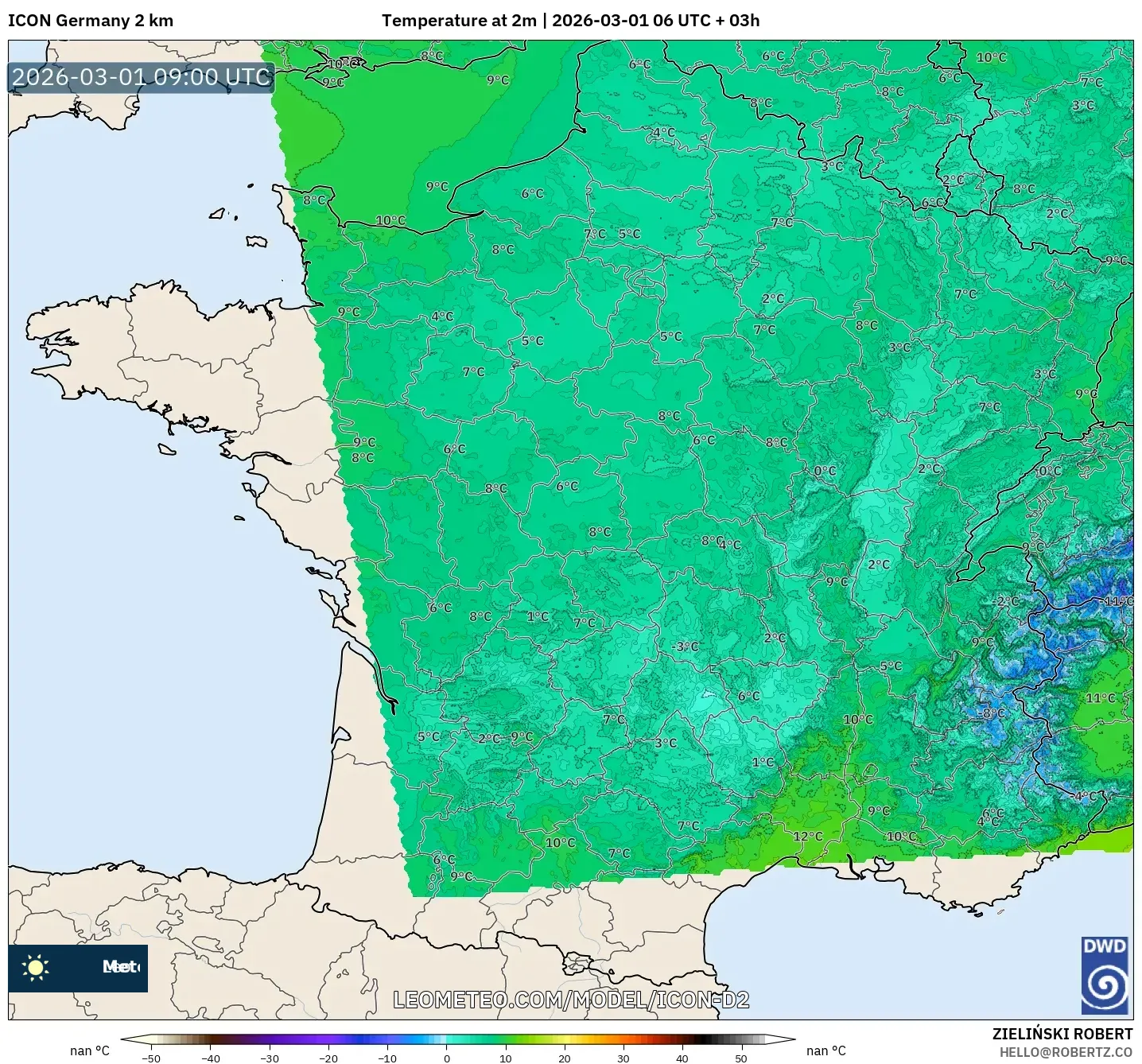 ICON Alemania 2 km model - Francia, Temperatura a 2 m
