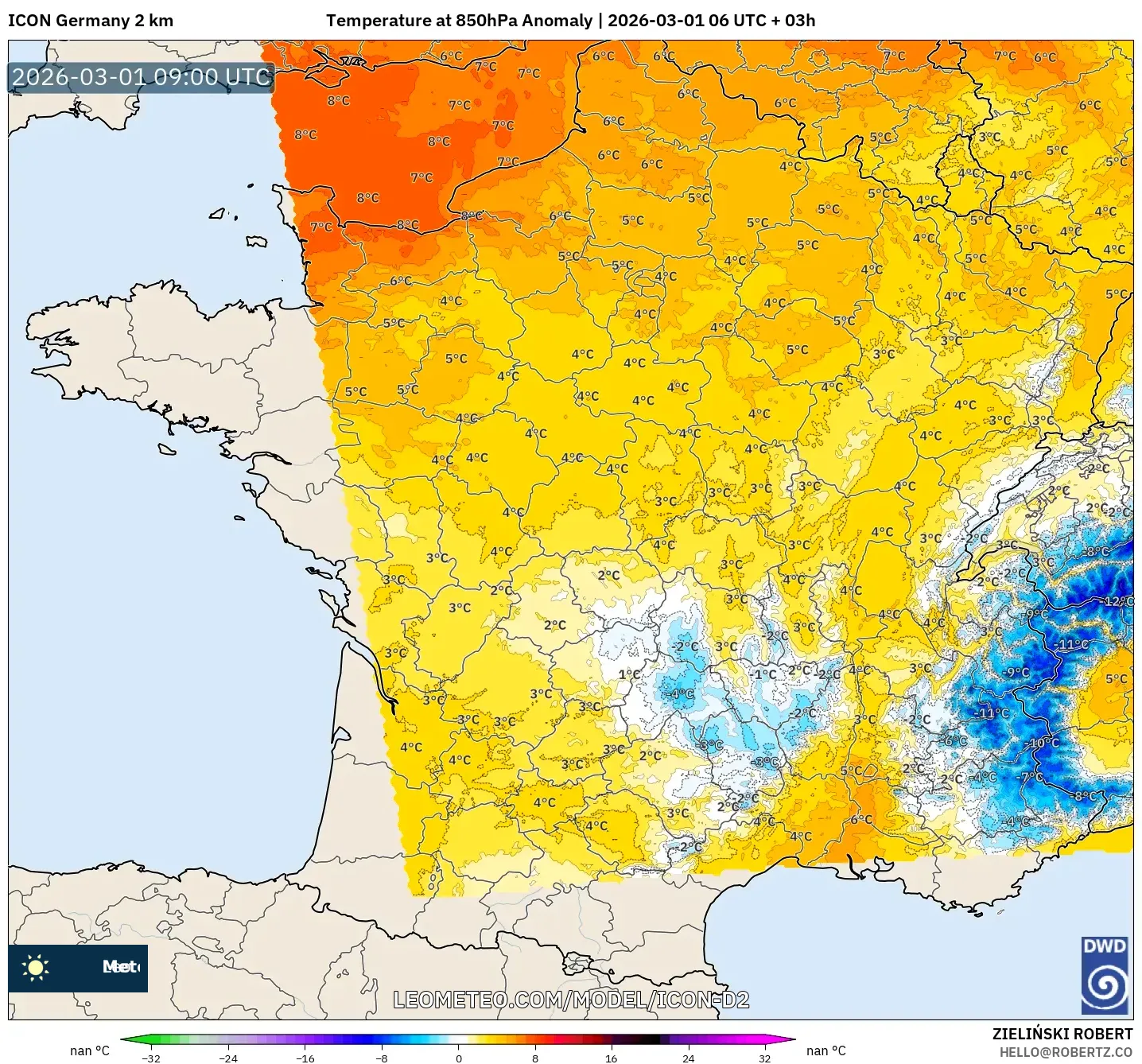 ICON Alemania 2 km model - Francia, Anomalía de temperatura a 850 hPa