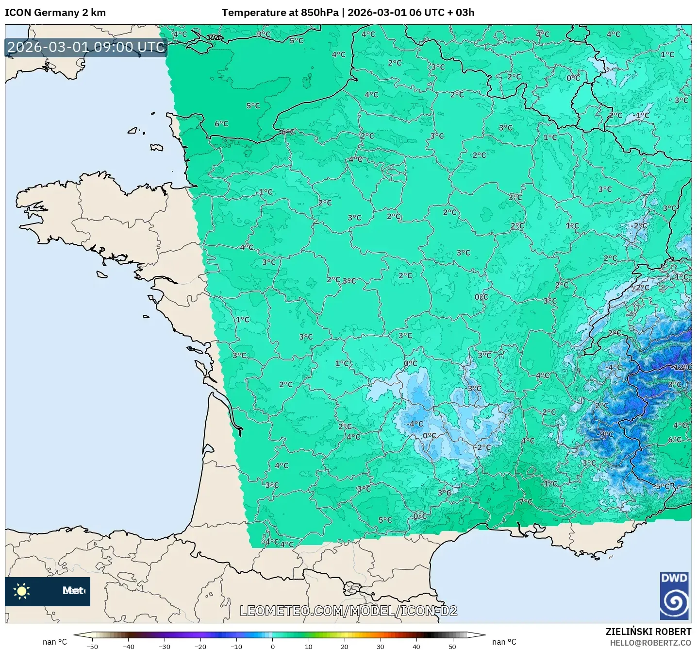 ICON Alemania 2 km model - Francia, Temperatura a 850 hPa