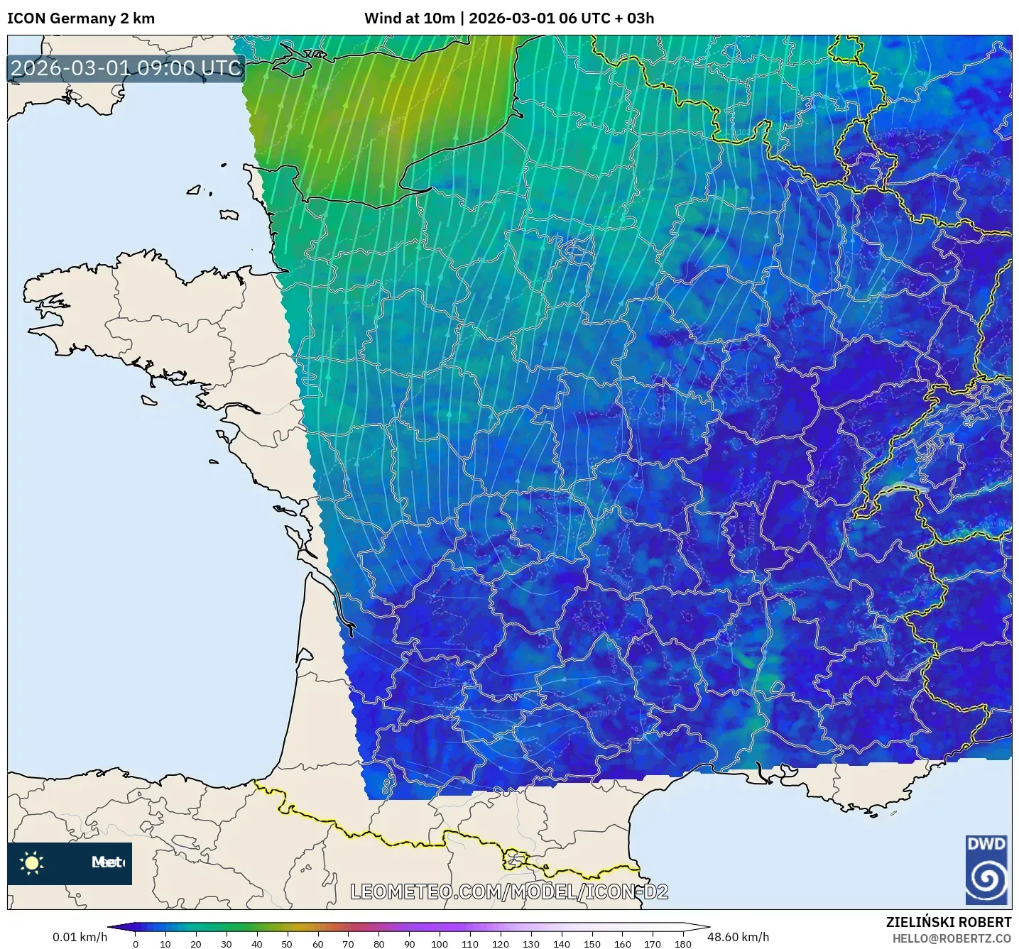 ICON Alemania 2 km model - Francia, Viento a 10 m