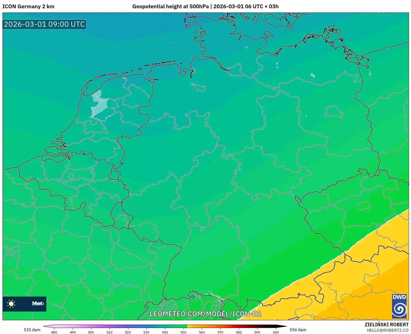 ICON Alemania 2 km model - Alemania, Altura geopotencial a 500 hPa