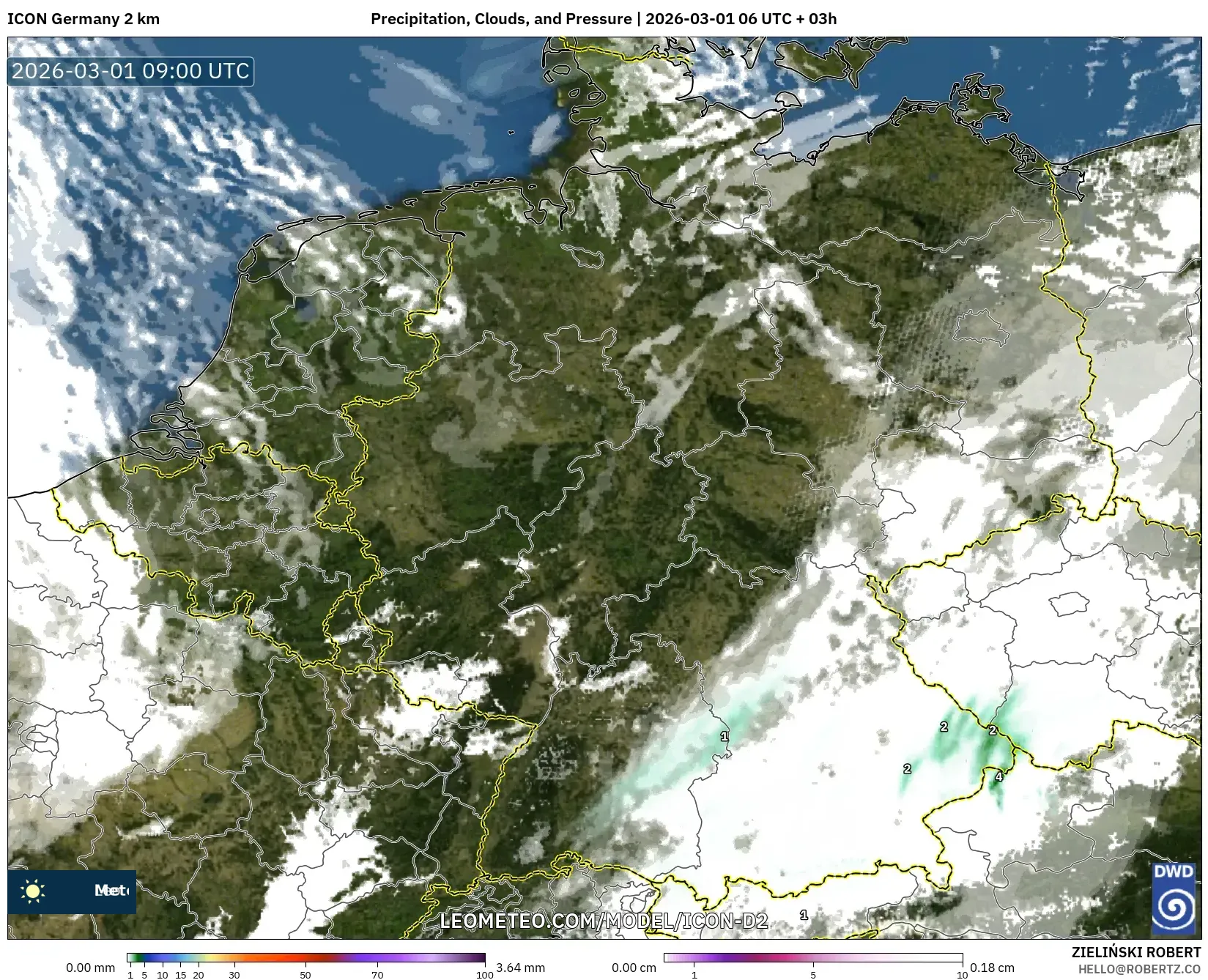ICON Alemania 2 km model - Alemania, Precipitación, nubes y presión