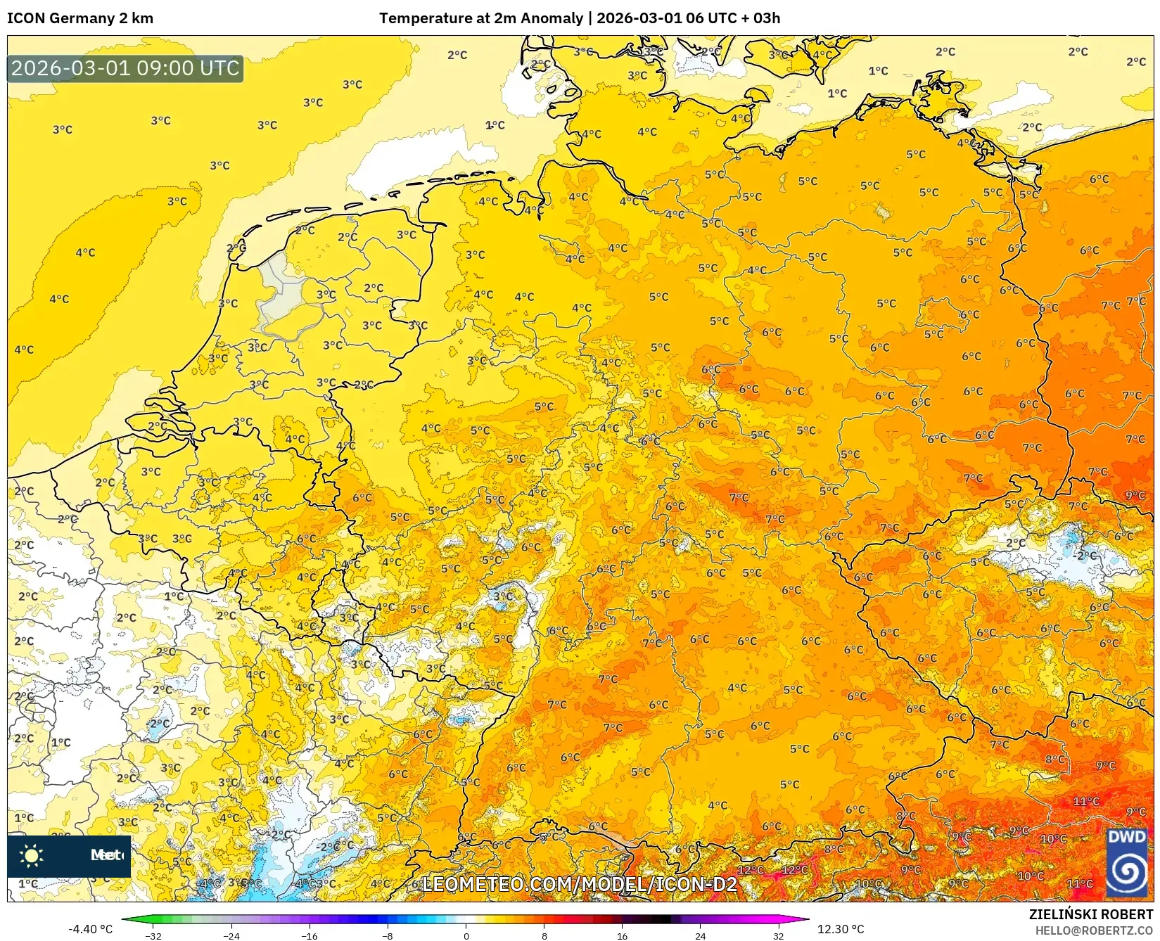 ICON Alemania 2 km model - Alemania, Anomalía de temperatura a 2 m