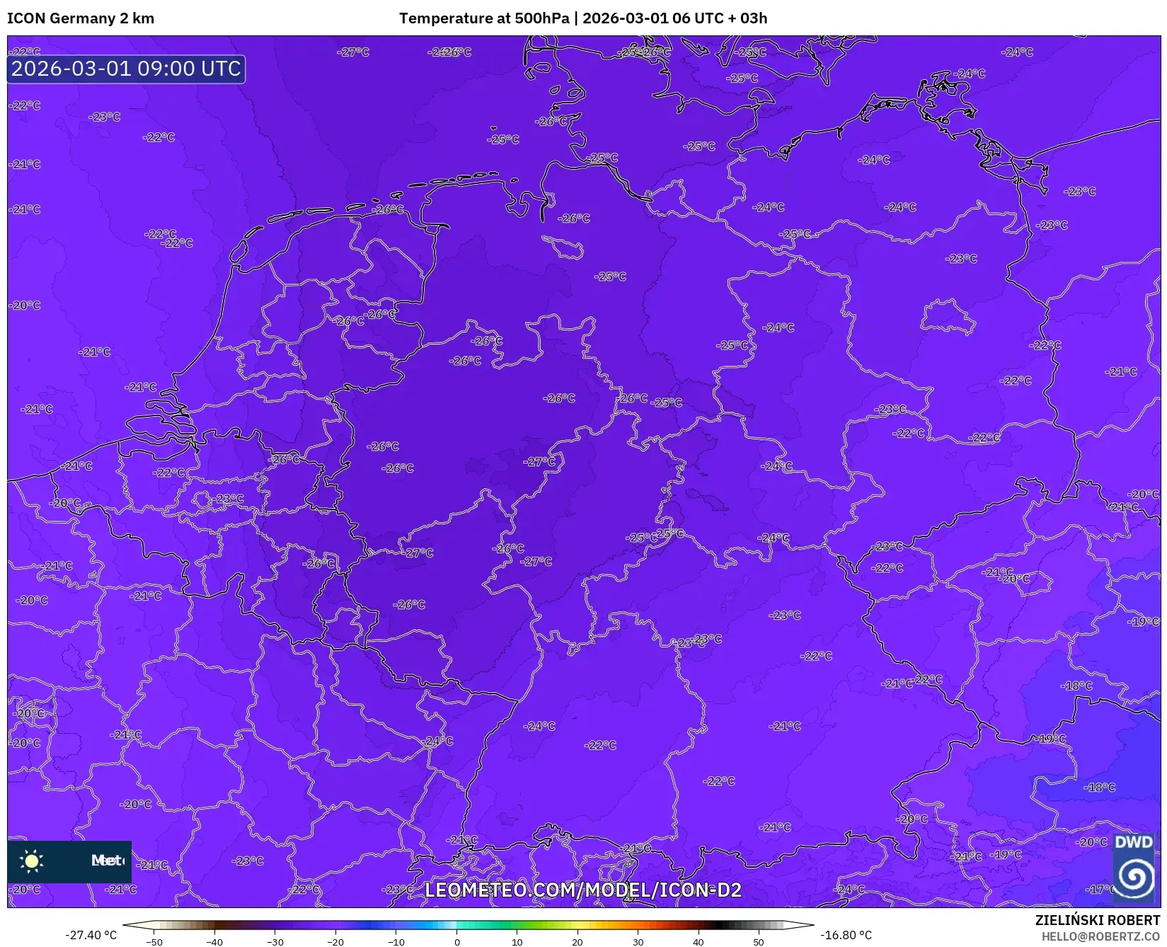 ICON Alemania 2 km model - Alemania, Temperatura a 500 hPa