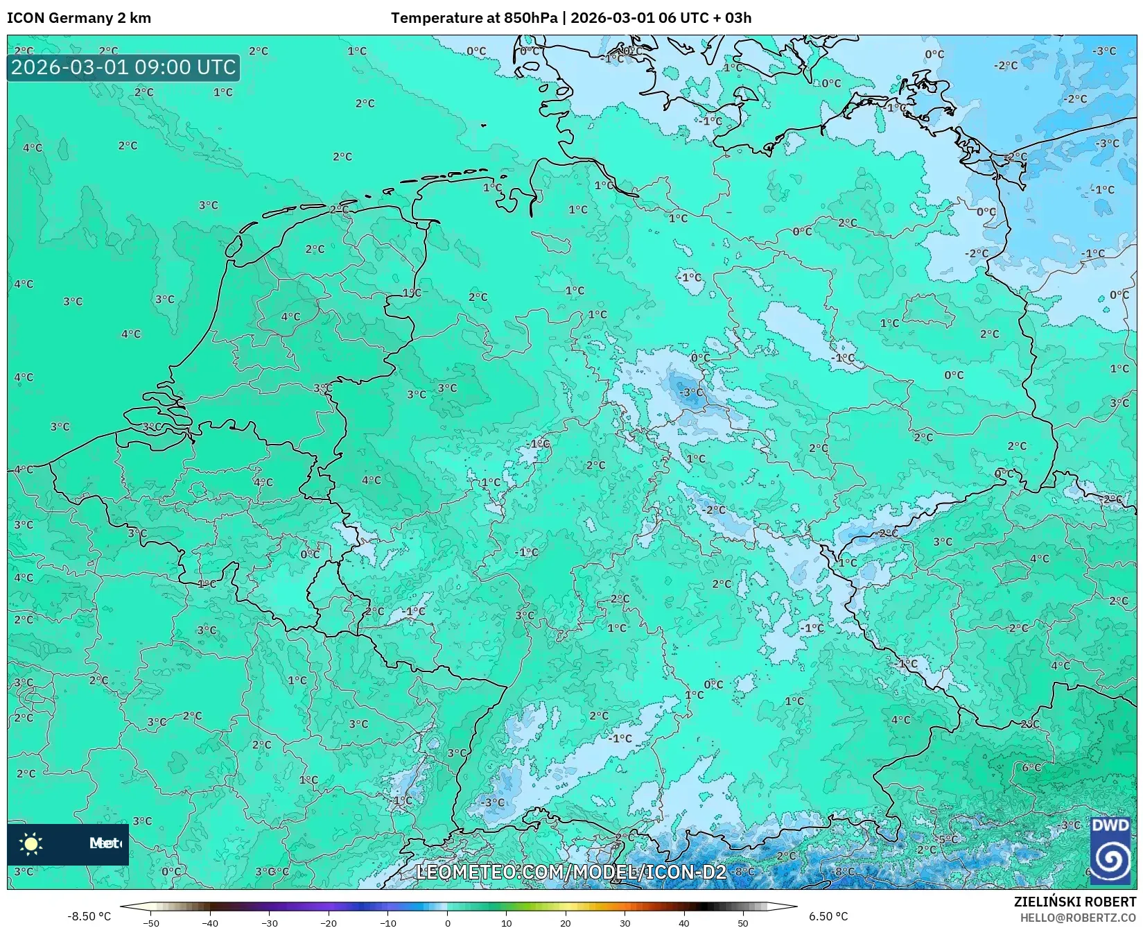 ICON Alemania 2 km model - Alemania, Temperatura a 850 hPa