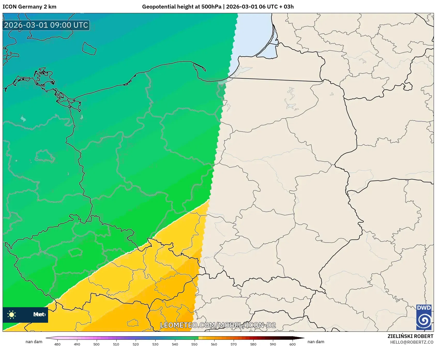 ICON Alemania 2 km model - Polonia, Altura geopotencial a 500 hPa