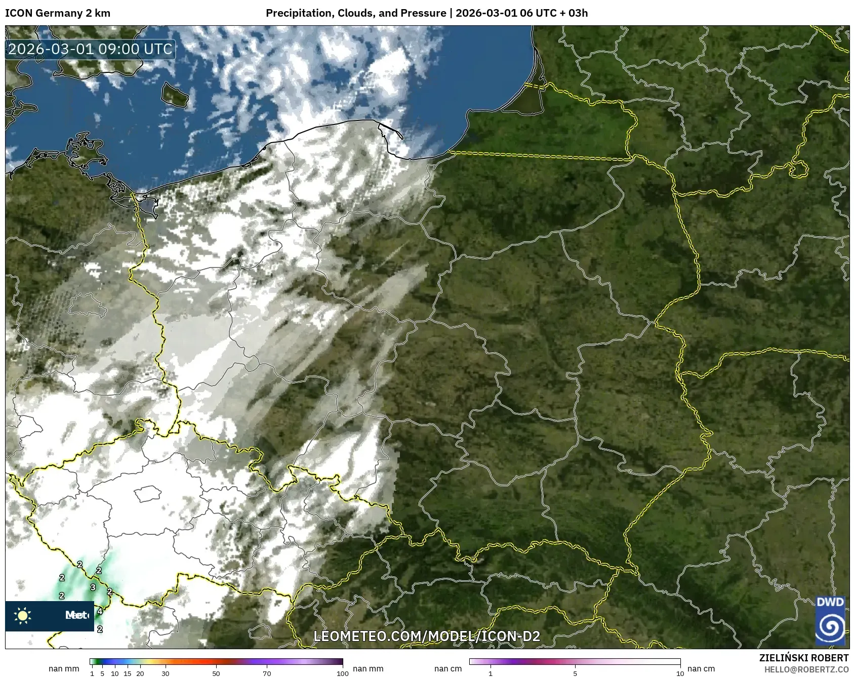ICON Alemania 2 km model - Polonia, Precipitación, nubes y presión
