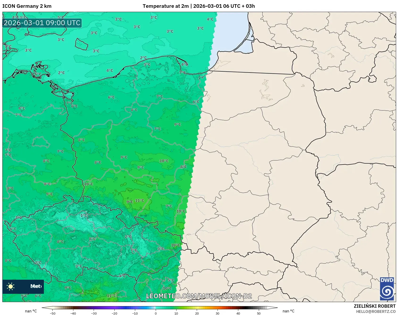 ICON Alemania 2 km model - Polonia, Temperatura a 2 m
