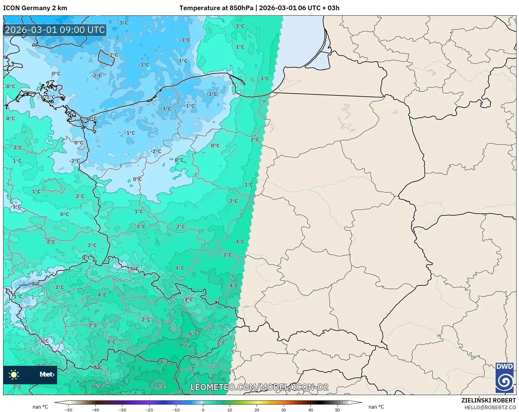 ICON Alemania 2 km model - Polonia, Temperatura a 850 hPa