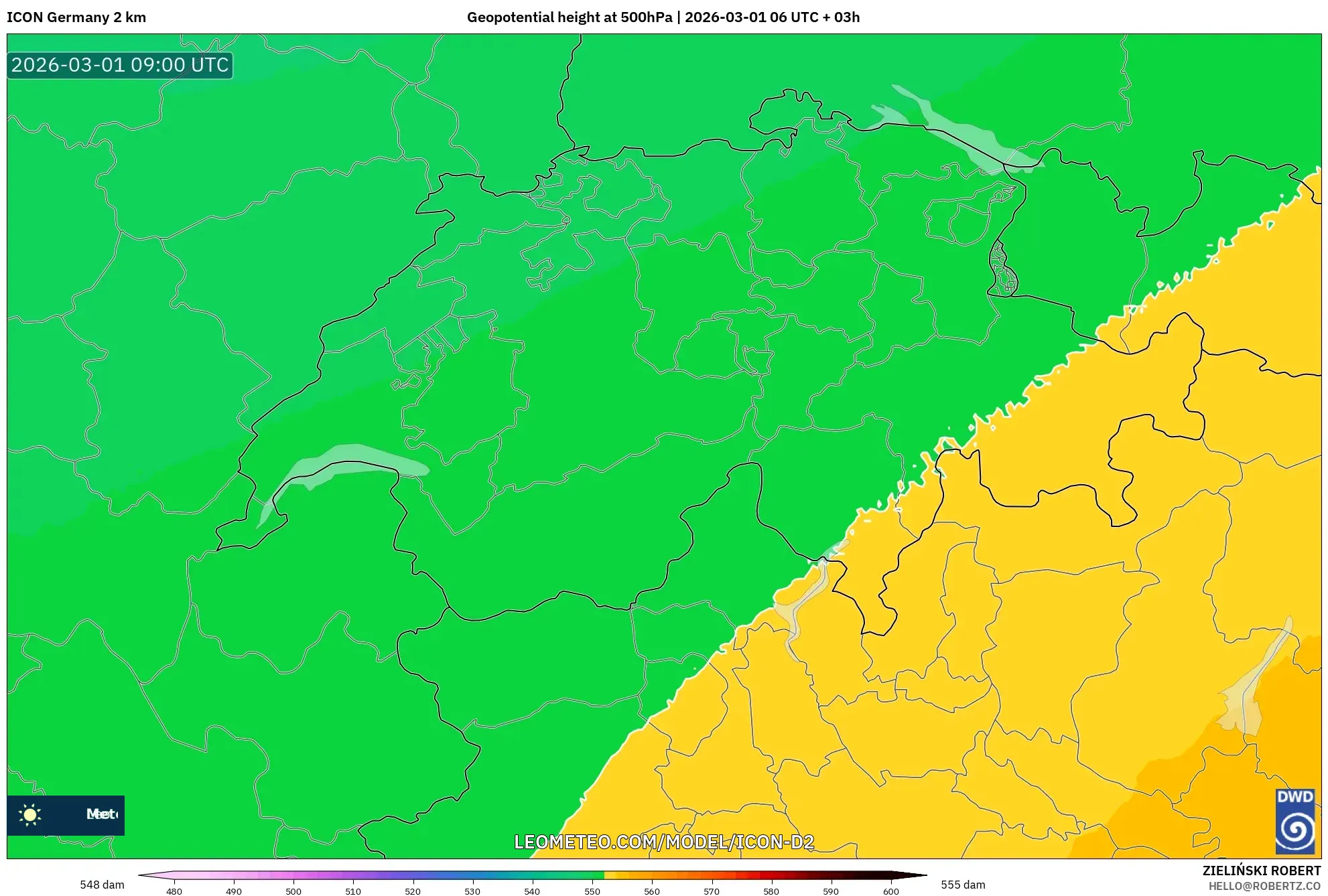 ICON Alemania 2 km model - Suiza, Altura geopotencial a 500 hPa