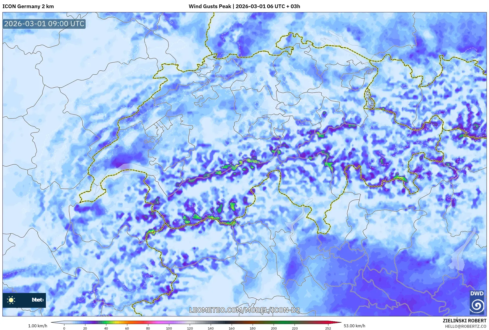 ICON Alemania 2 km model - Suiza, Ráfagas de Viento Máximas