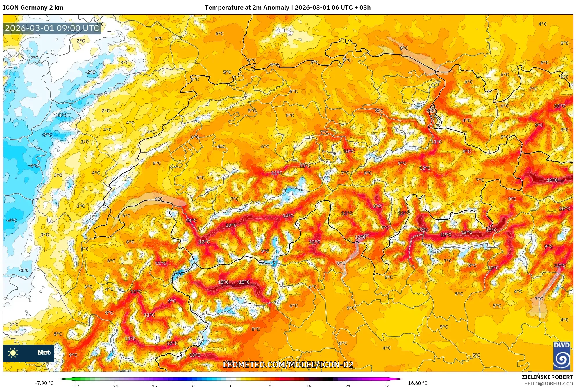 ICON Alemania 2 km model - Suiza, Anomalía de temperatura a 2 m
