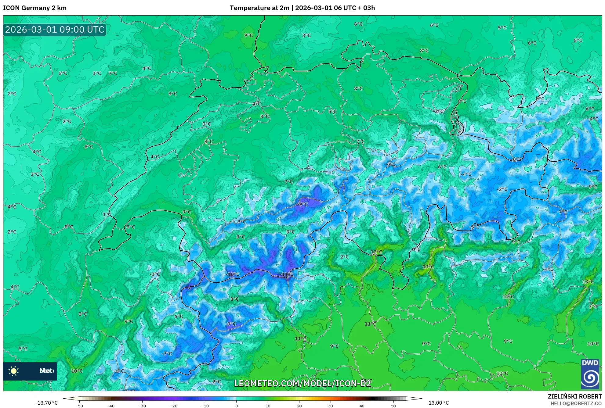 ICON Alemania 2 km model - Suiza, Temperatura a 2 m