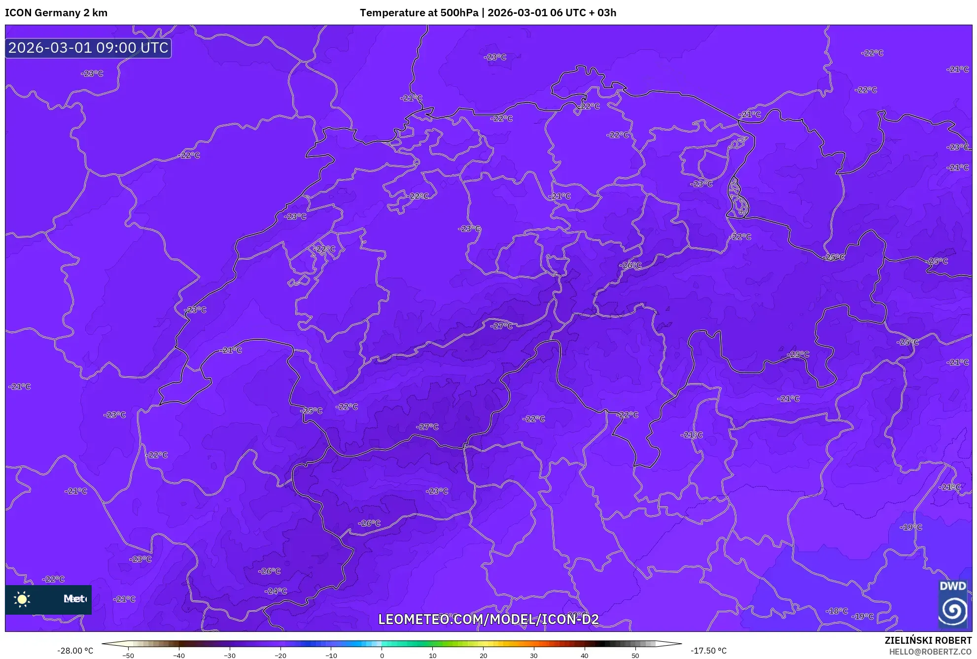 ICON Alemania 2 km model - Suiza, Temperatura a 500 hPa