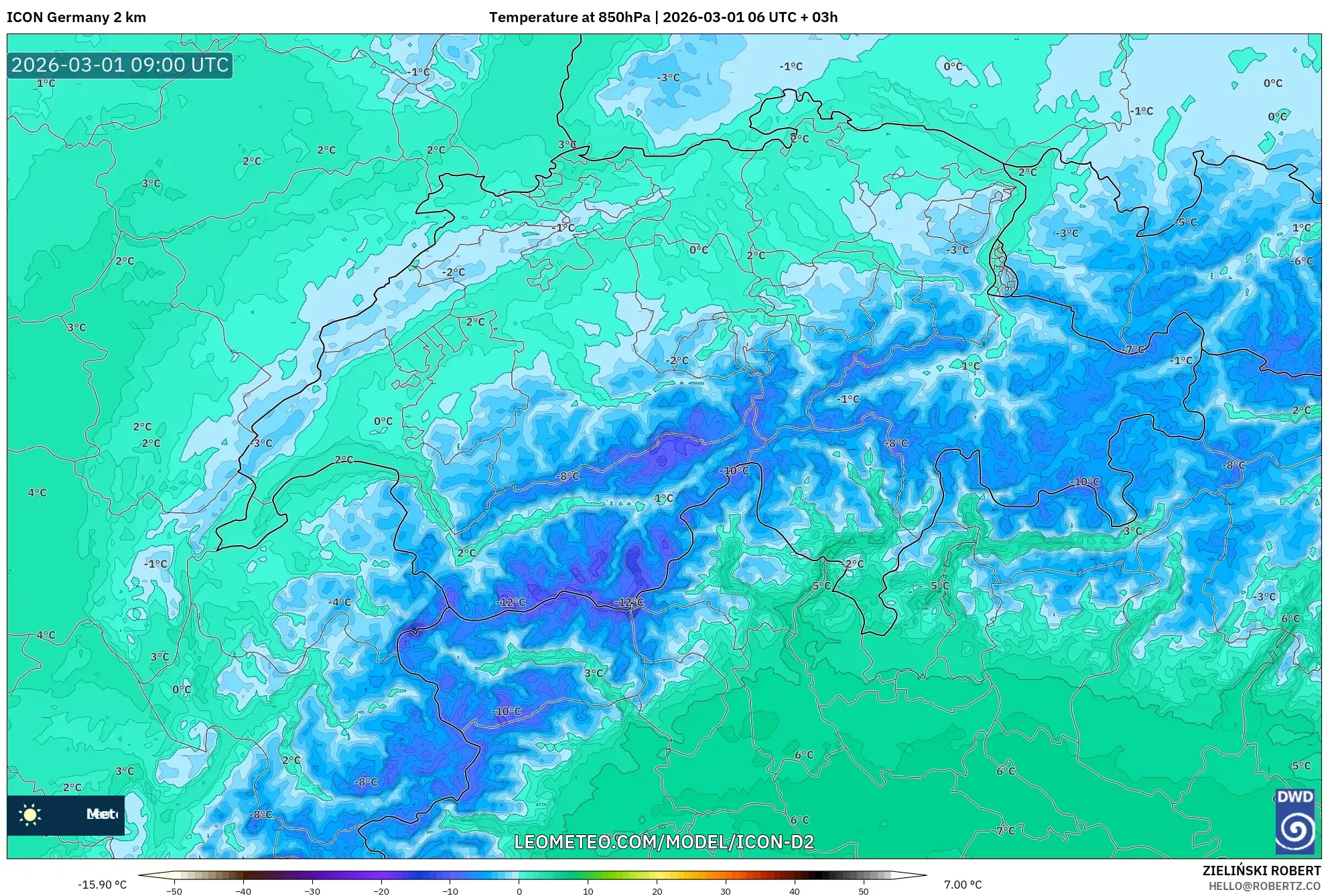 ICON Alemania 2 km model - Suiza, Temperatura a 850 hPa
