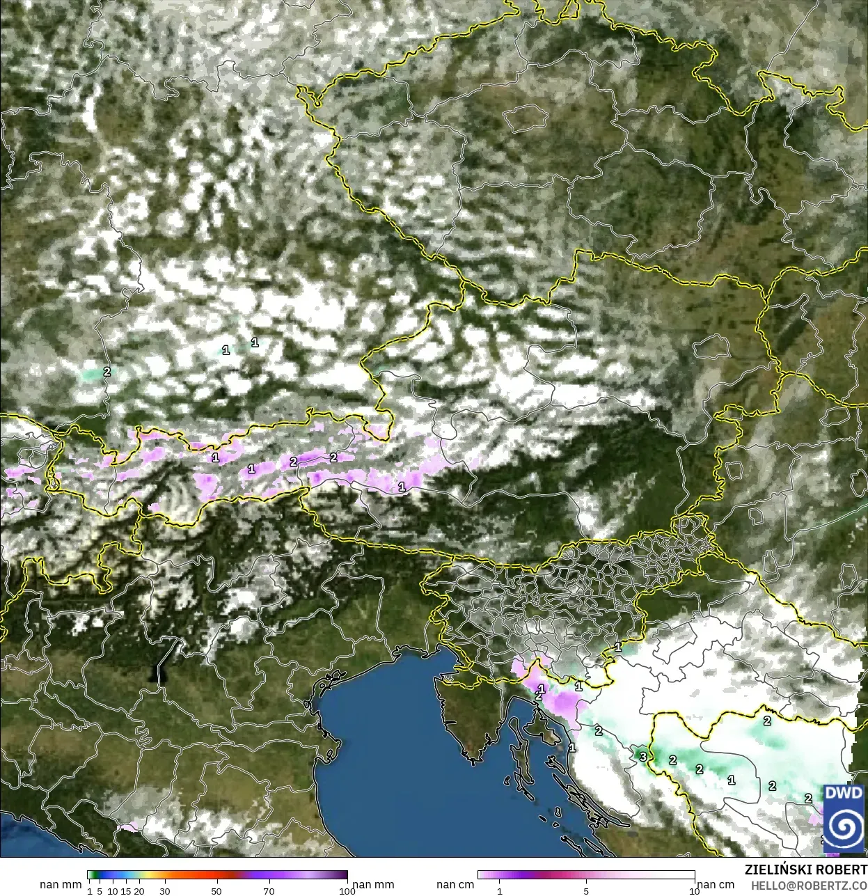ICON Alemania 2 km modelo - Austria, Precipitación, nubes y presión