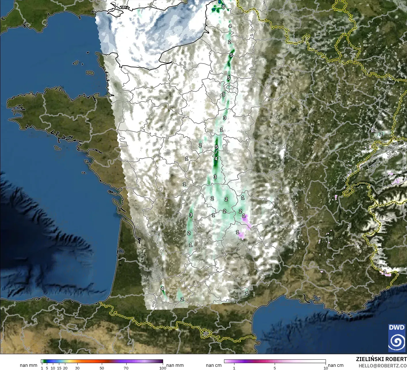 ICON Alemania 2 km modelo - Francia, Precipitación, nubes y presión