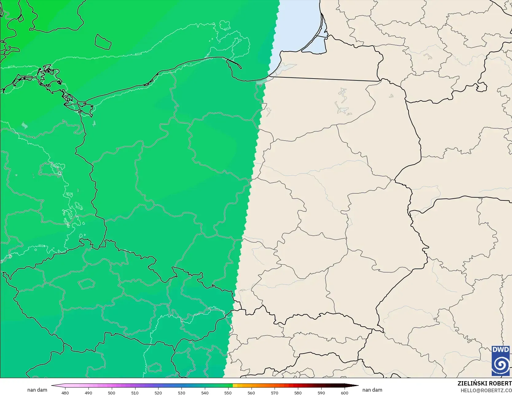 ICON Alemania 2 km modelo - Polonia, Altura geopotencial a 500 hPa