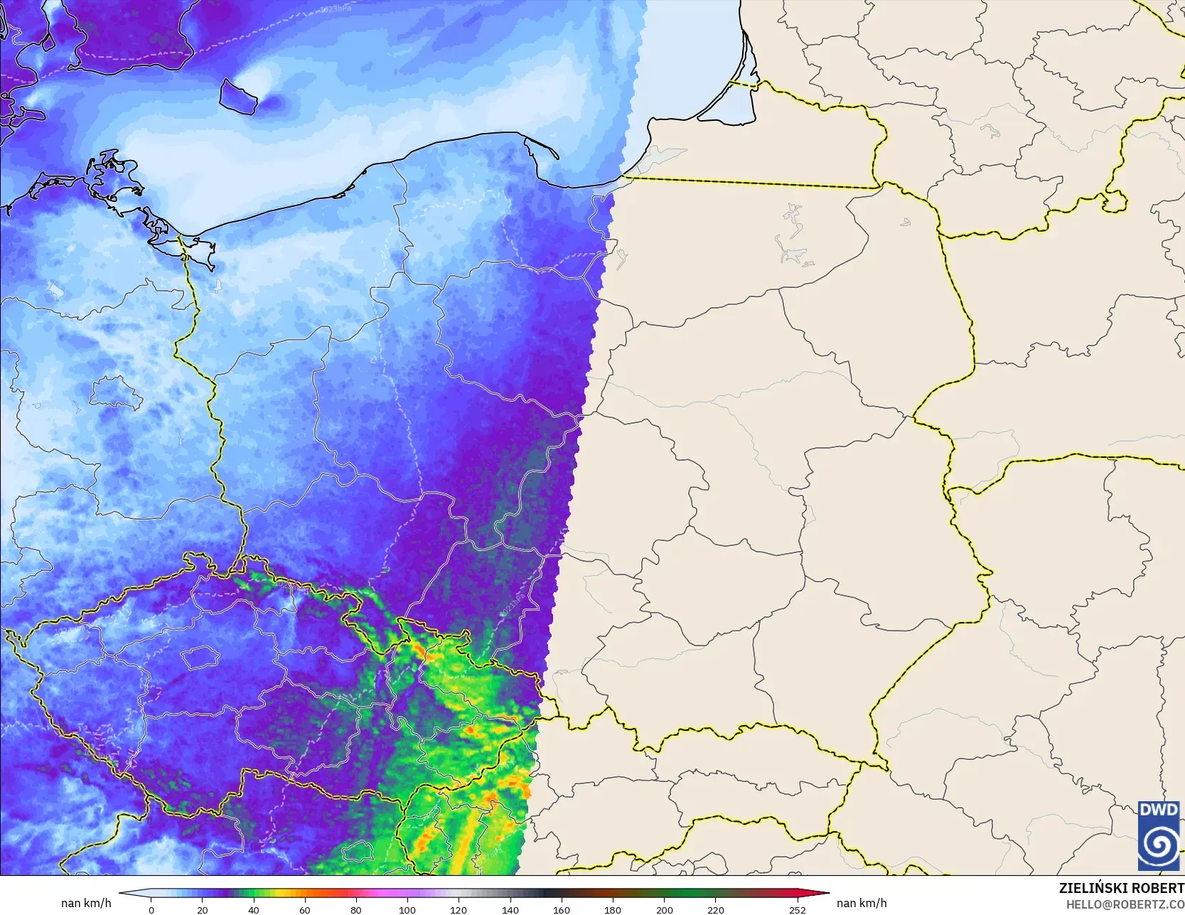 ICON Alemania 2 km modelo - Polonia, Ráfagas de Viento Máximas