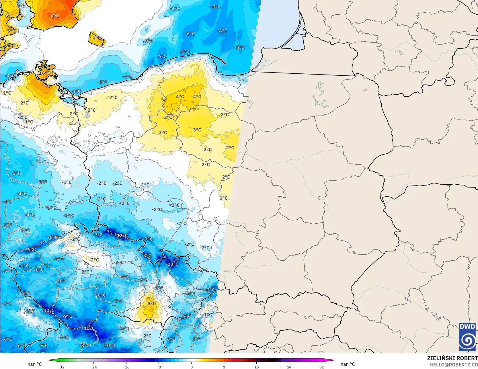 ICON Alemania 2 km modelo - Polonia, Anomalía de temperatura a 2 m