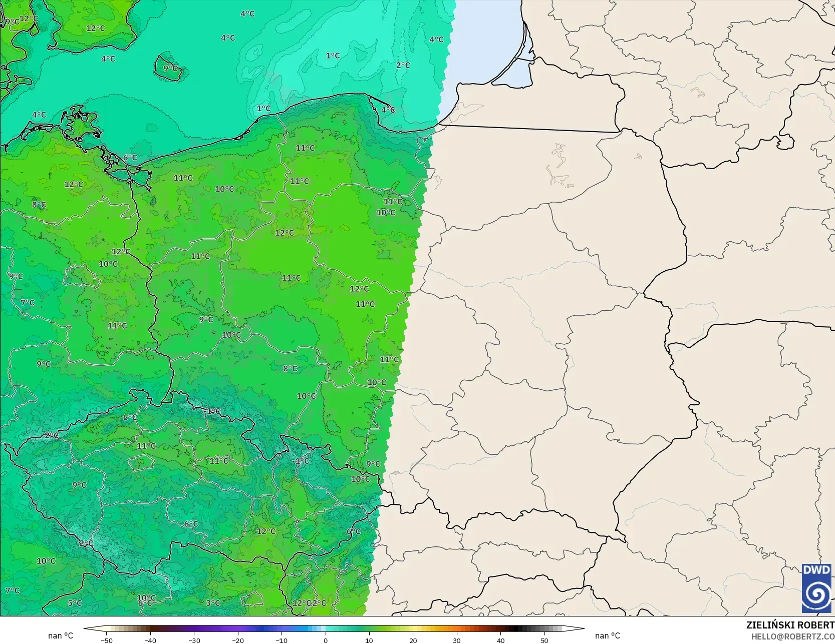 ICON Alemania 2 km modelo - Polonia, Temperatura a 2 m