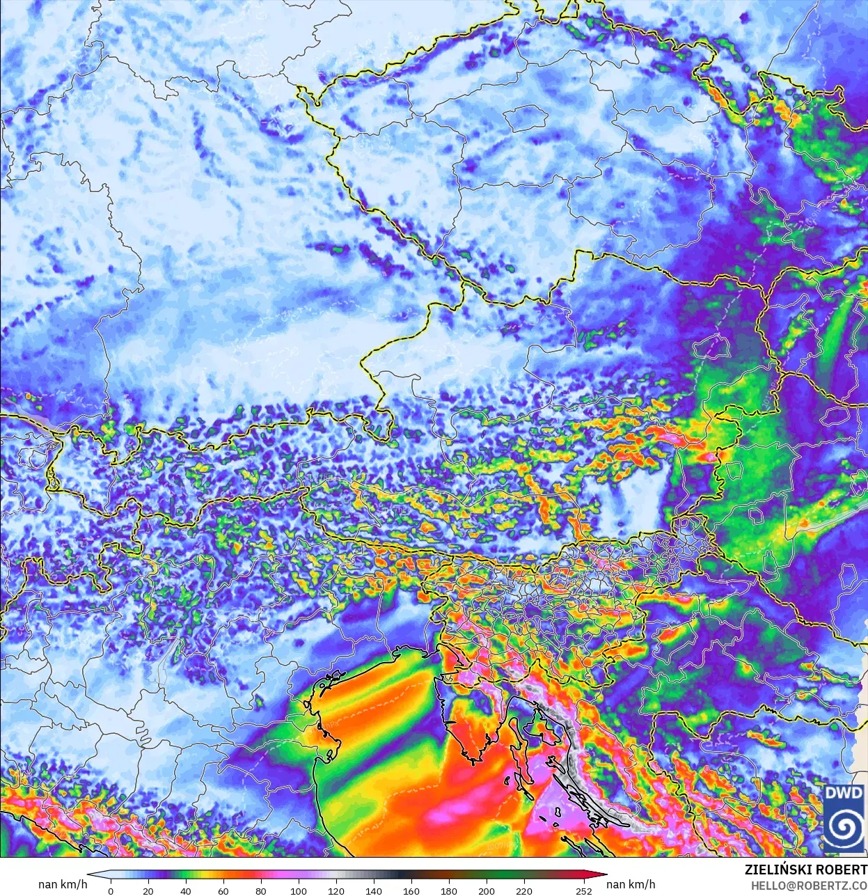 ICON Alemania 2 km modelo - Austria, Ráfagas de Viento Máximas