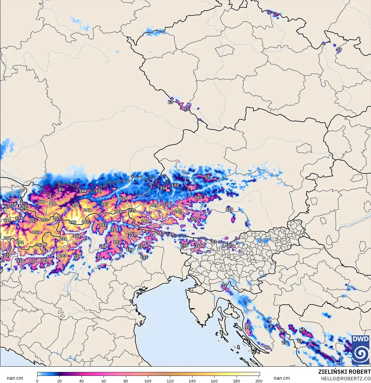 ICON Alemania 2 km modelo - Austria, Profundidad de nieve