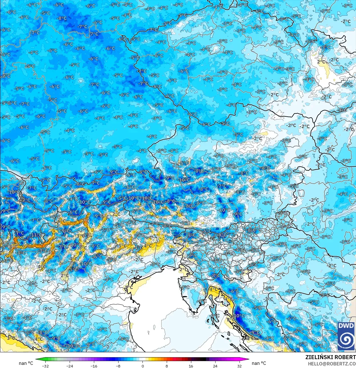 ICON Alemania 2 km modelo - Austria, Anomalía de temperatura a 2 m