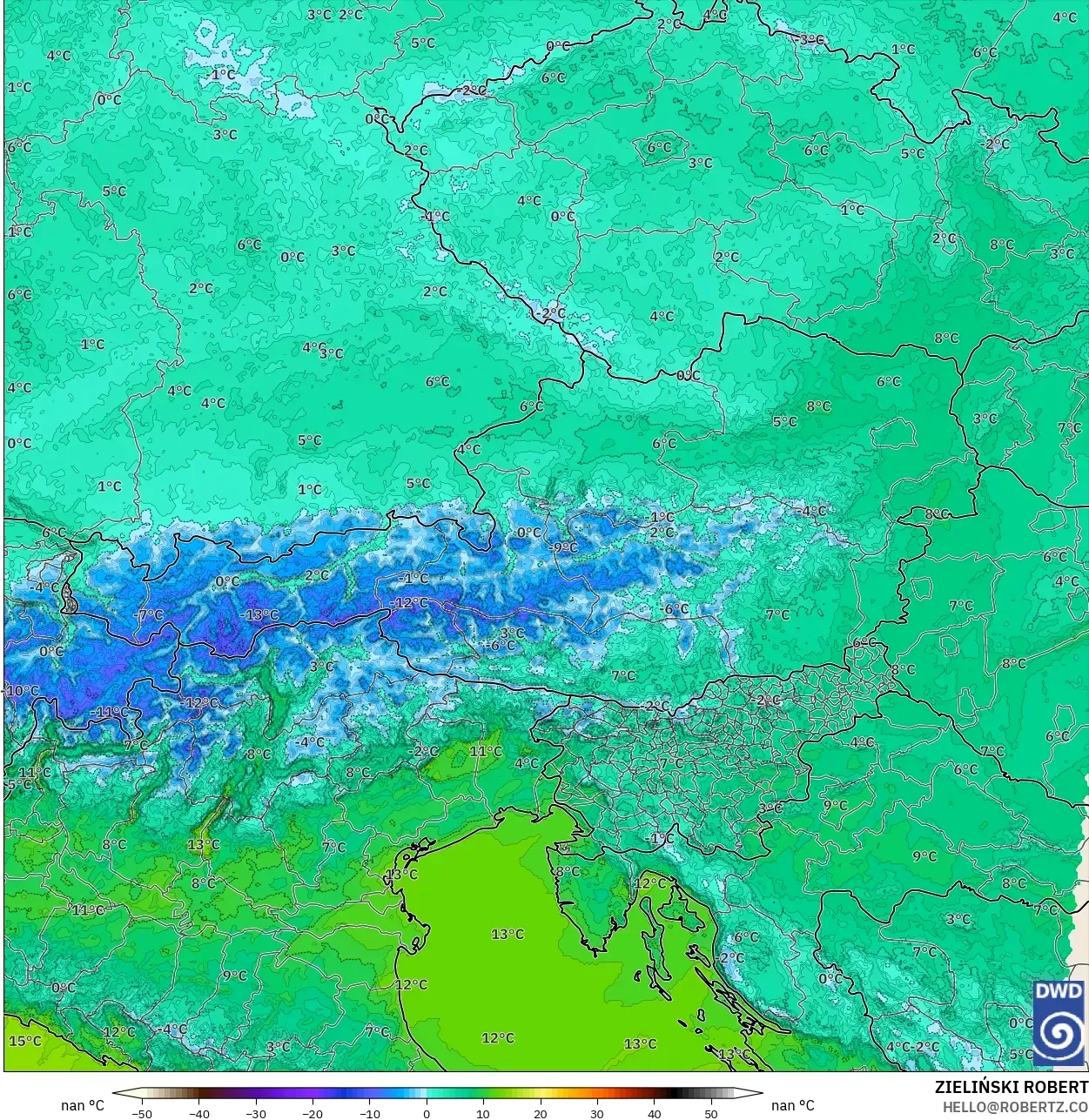 ICON Alemania 2 km modelo - Austria, Temperatura a 2 m