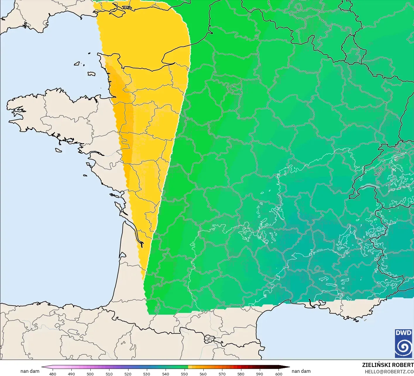ICON Alemania 2 km modelo - Francia, Altura geopotencial a 500 hPa